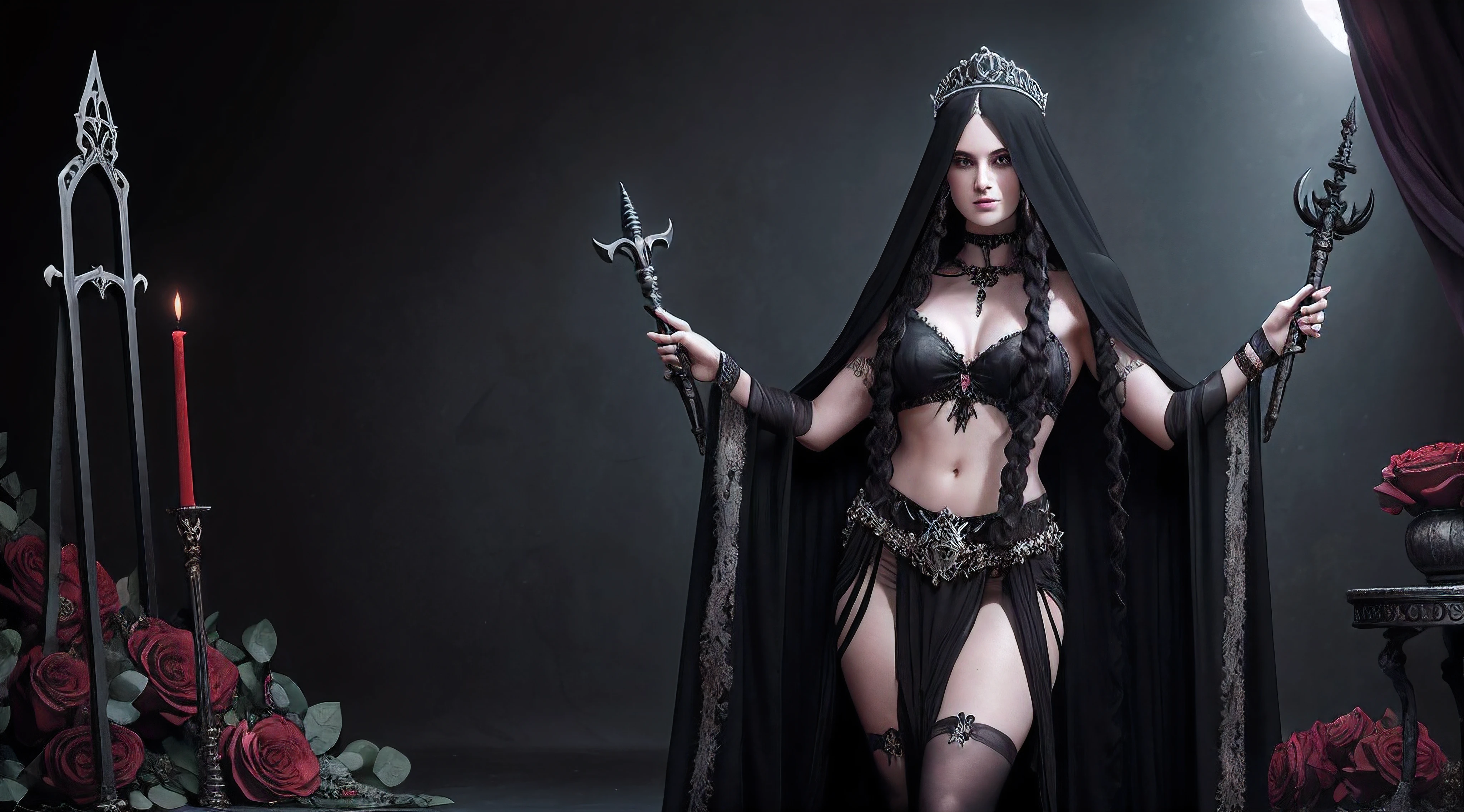 photograph, studio shoot, from waist up, upper body, shoulders to the back, long hair covers dhoulders, headband with black roses and a veil, tiara made of bloodstones and rubys with black metal, pale skinned woman with a seductive expression, succubus, on a stonespike throne in the otherworld, underworld, afterlife, surrounded by demons --auto