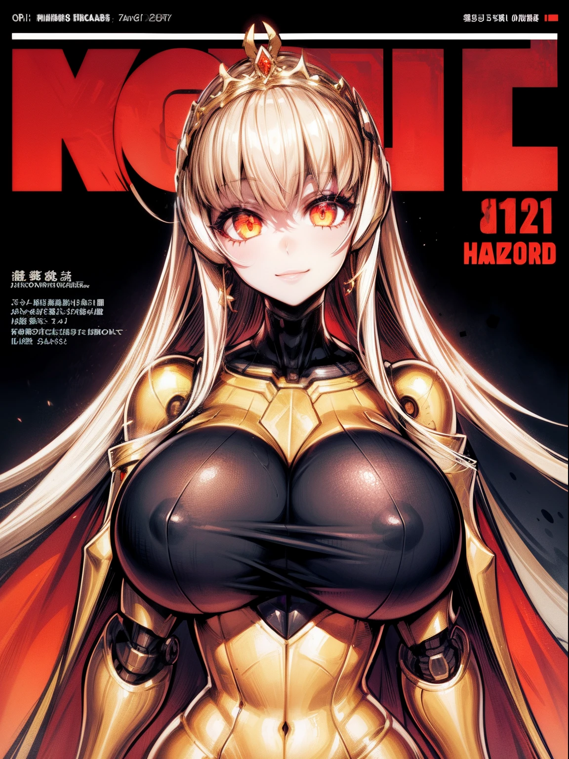 1girl,solo focus, robot girl, humanoid robot,robot joints,orange eyes,long hair, (colored skin),huge breasts,tiara, jewelry, armored dress,gold trim, sleeveles,cape,upper body,looking at viewer,magazine cover,smile