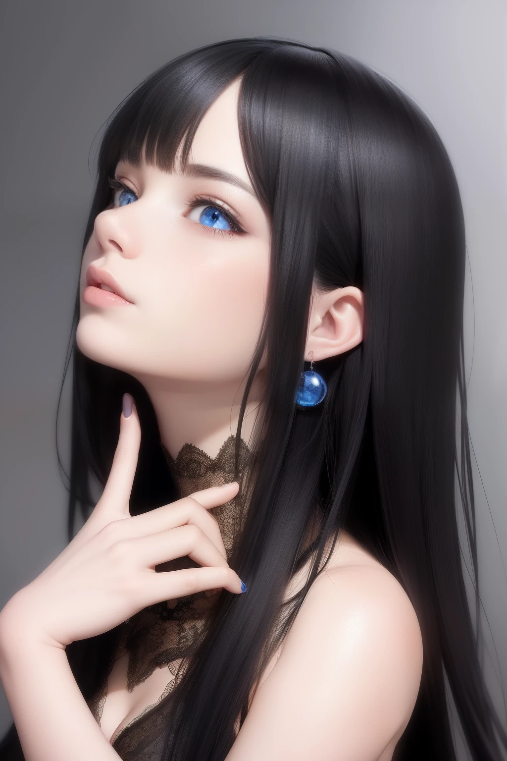 best quality, masterpiece,Black hair, blue eyes, looking up, upper body