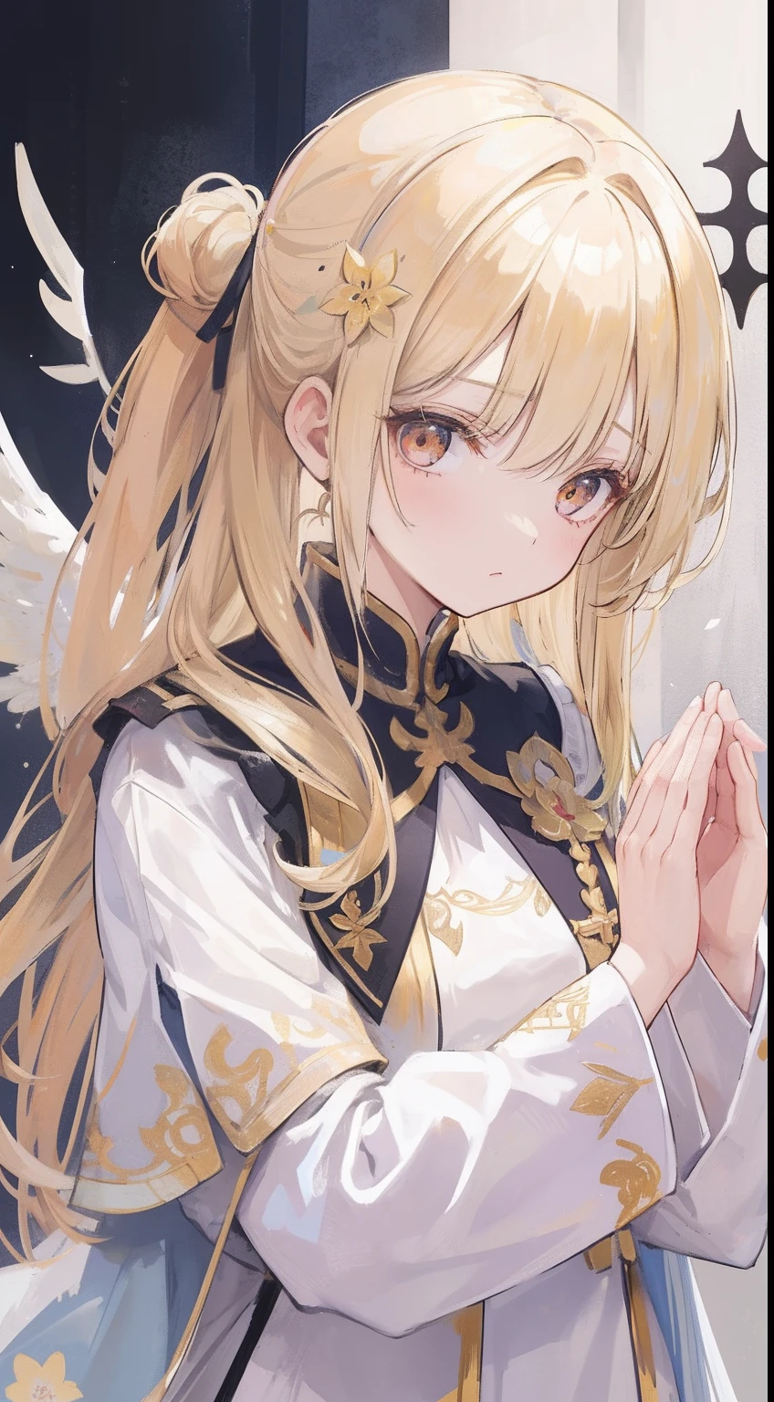1 girl, Wearing a priestess uniform, Blond hairstyle split flower, Her hair is beautifully tied with cute clips, sharp golden eyes, the girl has a pair of wings on her back and is praying with her hands folded (Face from 15 to 18 years old)