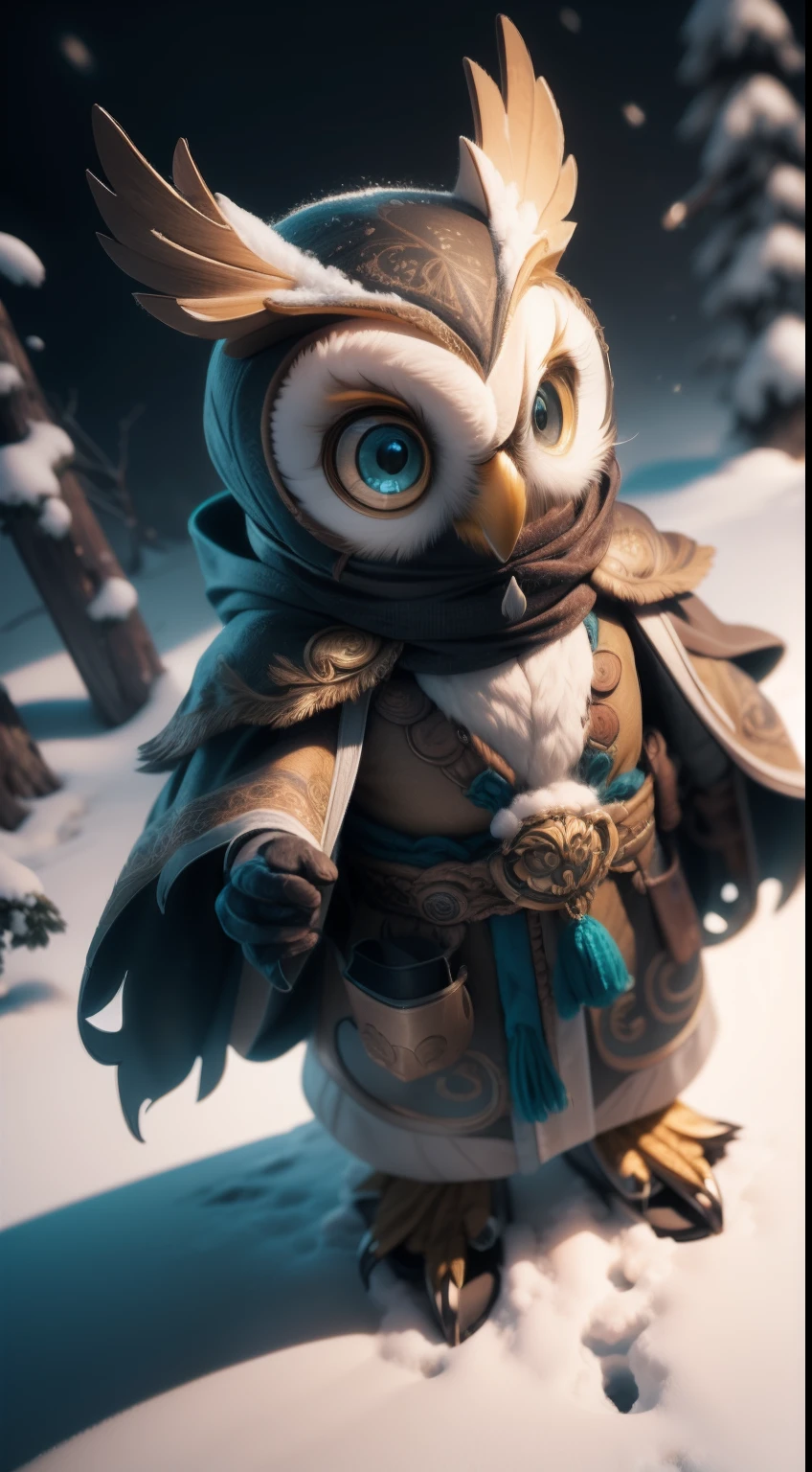 Vertigo 3D model of owl with intricate details, Decorated brown cape, Standing in the snow, Cinematic, Cinematic lighting, rendering by octane