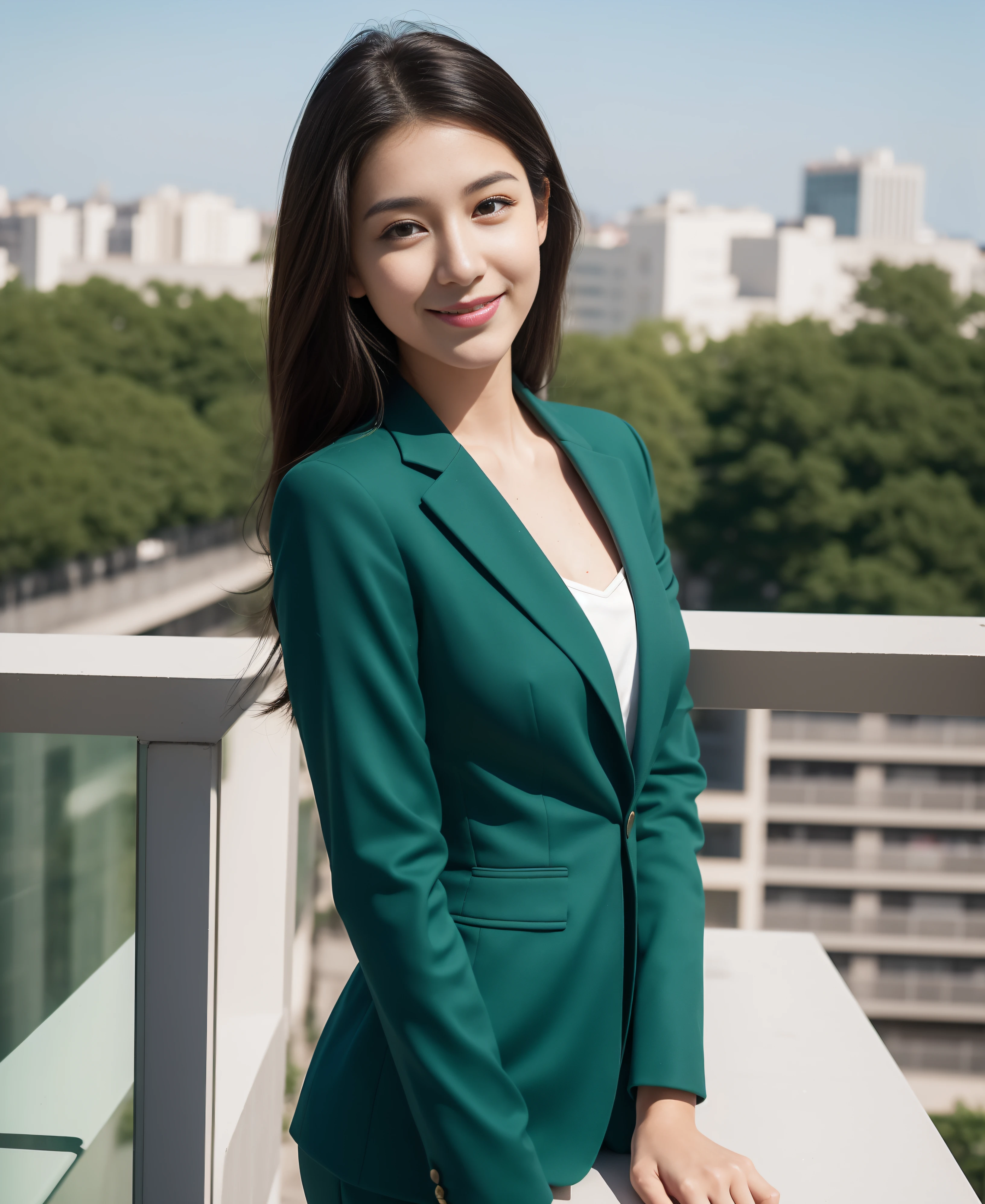 ((best quality, 8K, masterpiece: 1.3)), beautiful girl, pure, melon face, kind and cute, sweet smile, pure desire, slender body, (front), (tilted head), ((looking at camera)) , wearing a green suit, smooth black medium hair, long flowing shoulders, round black big eyes, clear big eyes, moist red lips, sweet, turn around, waist shot, sitting on the terrace, hotel background , (((whole body)))),