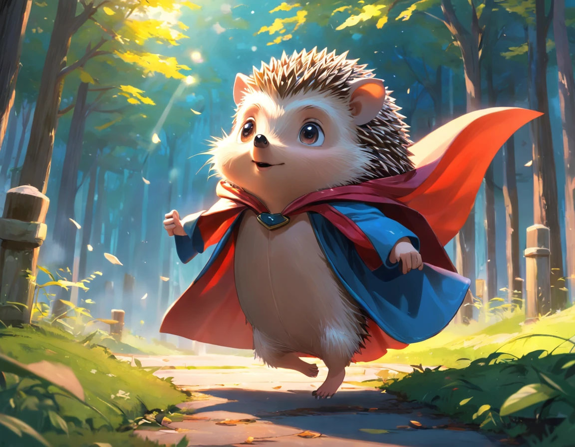 (Hedgehog in cloak flying around the park)、ultimate quallity、ultra-detailliert、Exciting and cool、Superhero cartoon style