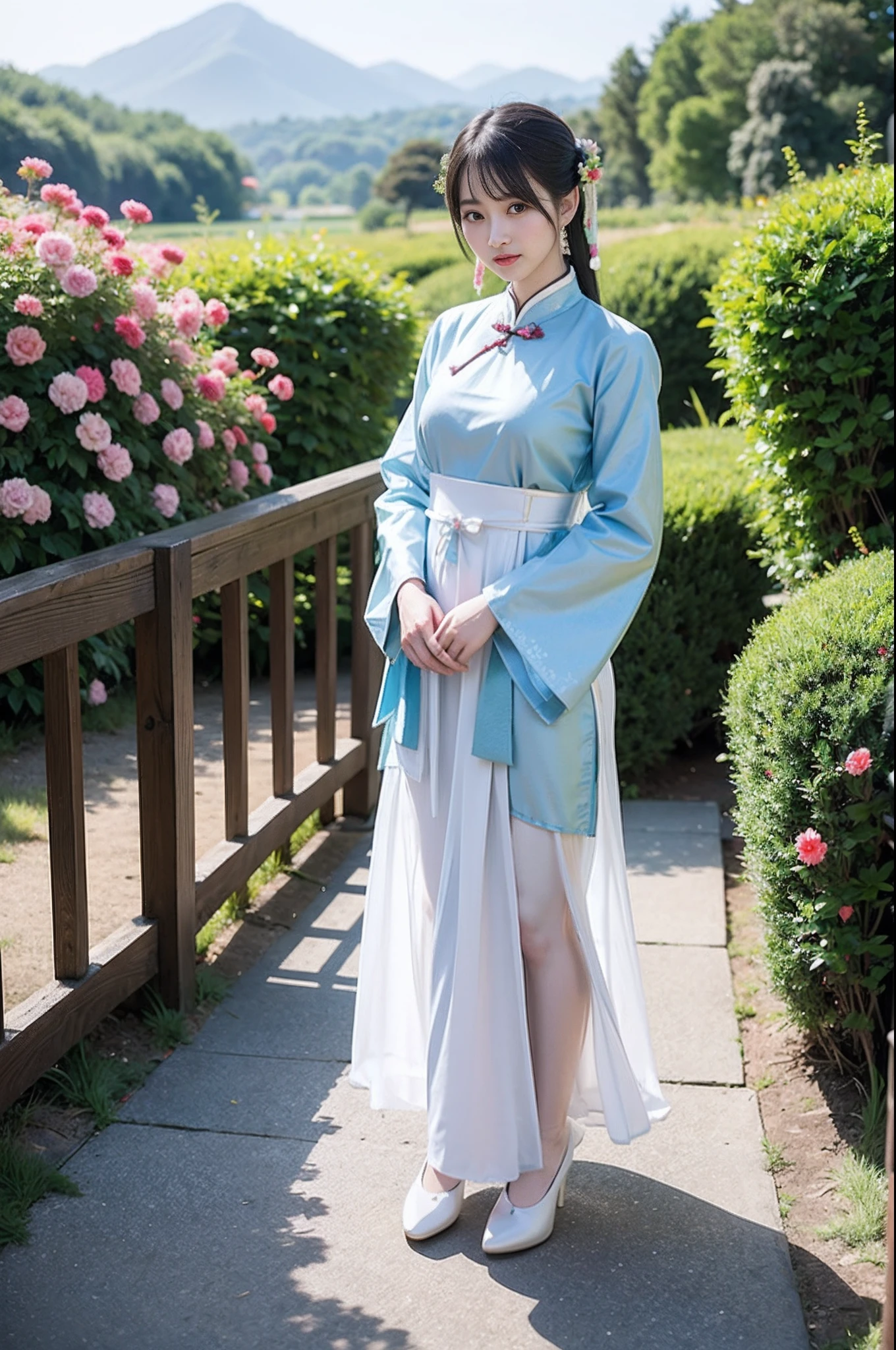 Detailed face, Cute Face, Hanfu, One Girl,(smile), (Slim body),(good luck),Mid-chest, （）, Mountain, soaking feet, Sitting, Park Background,Shimizu,(feet:1.3), Too many flowers,