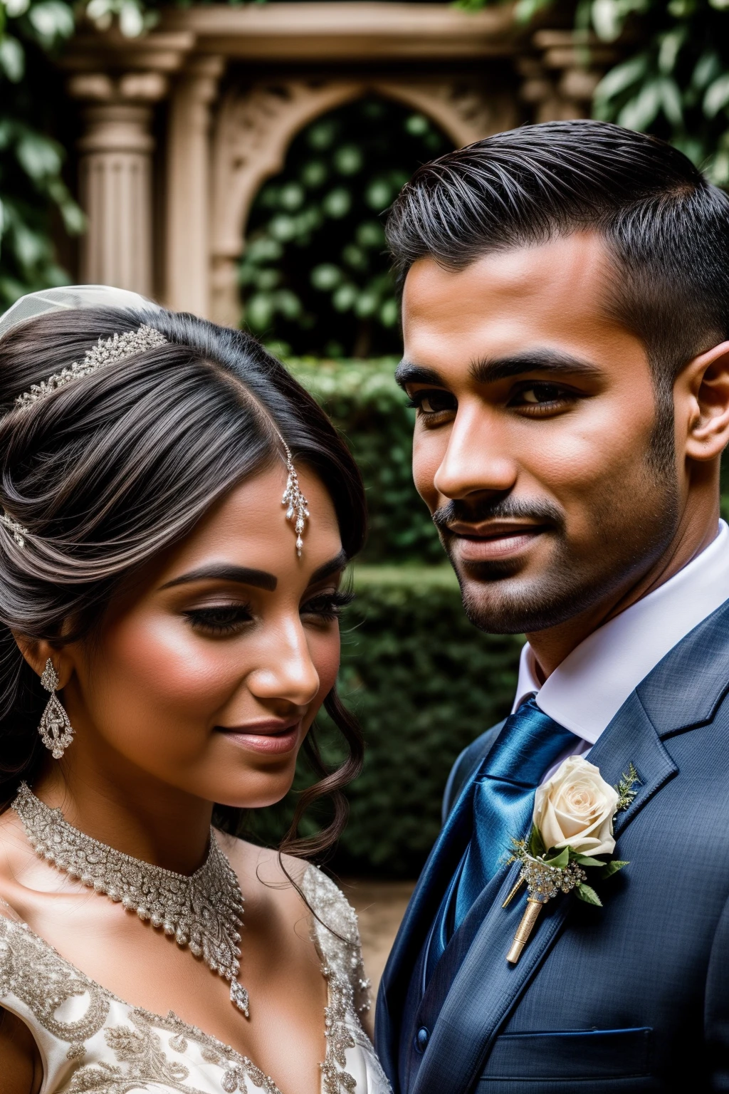 Enchanting wedding celebration in a breathtaking garden or courtyard with exquisite decor and elements, capturing the stunning bride and groom in a beautifully crafted portrait, beautiful face, closeup shot of both groom and bride, camera facing shot
