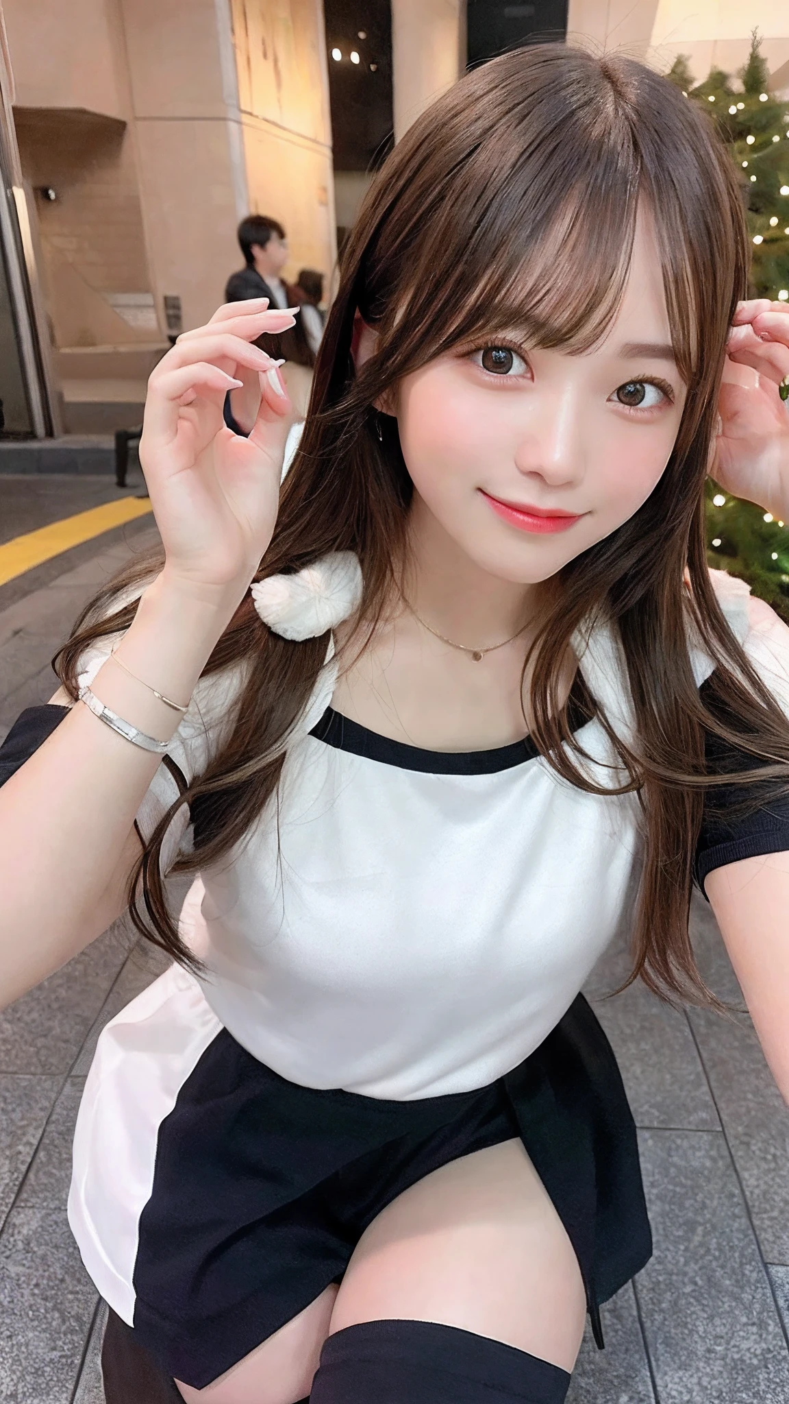 japanaese girl, 18year old, (Beautiful long hair), ((Round face)), (Childish face), Medium Hair, Brownhead, Bangs, Brown eyes, ((Perfect figure)), Very good style. (focus on chest), (((Be sure to capture the entire face))). (little smiling, smile shy:1.4), Transparency, Glossy, thin waist, Cute hair, Beautiful butt not too big, Perfect body, Perfect number of legs, Perfect fingers {{{Only 5 fingers}}}, {{{Dress appropriately for a date}}}