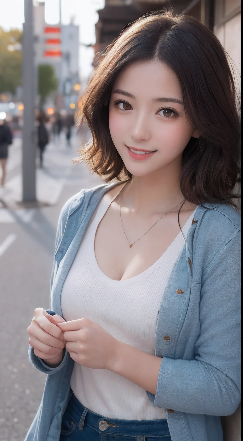 masutepiece, Best Quality, Illustration, Ultra-detailed, finely detail, hight resolution, 8K Wallpaper, Perfect dynamic composition, Beautiful detailed eyes, doress,Medium Hair, mid-chest, Natural Color Lip, Random and sexy poses,Smile,Aoyama Street Walk、20 years girl