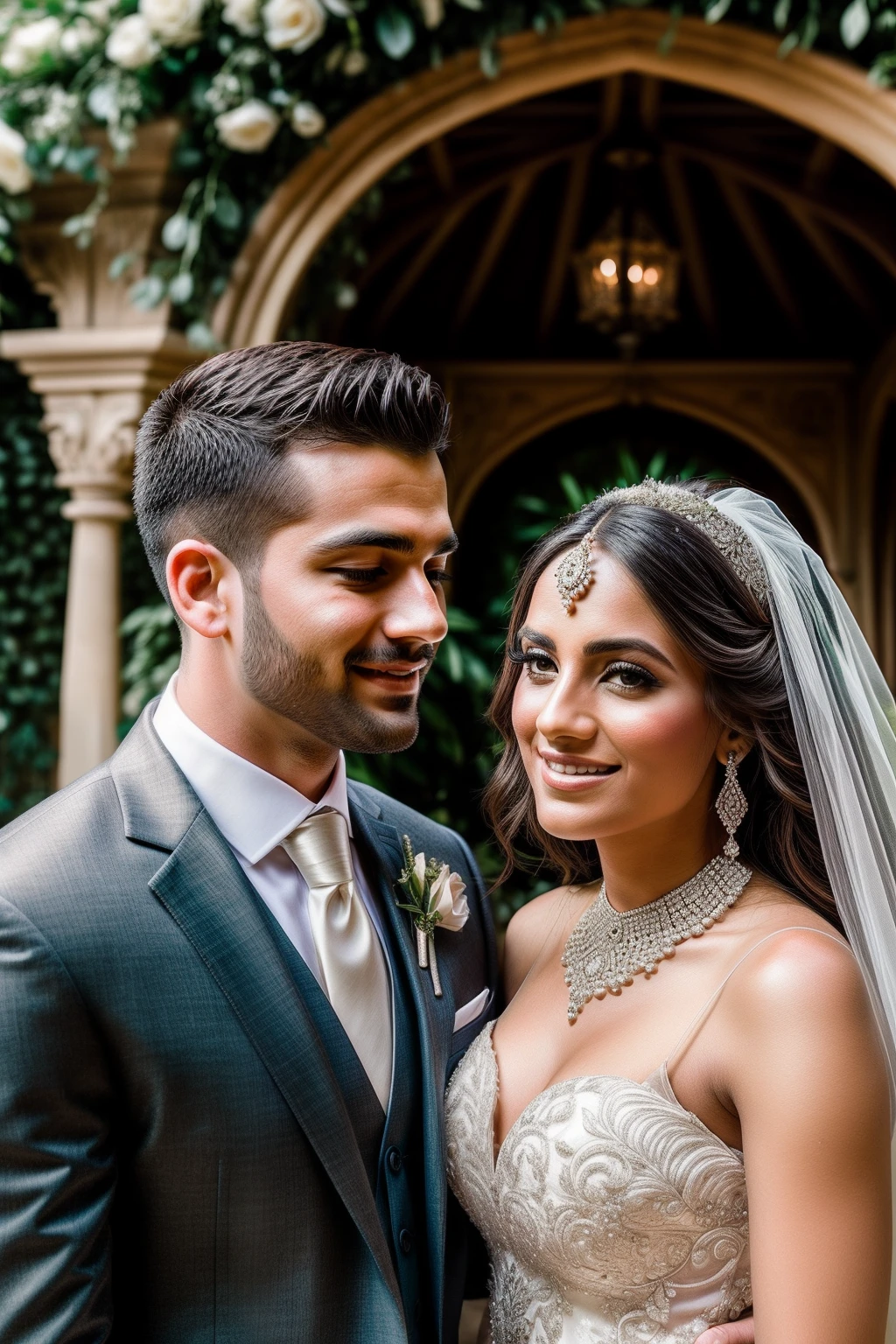 Enchanting wedding celebration in a breathtaking garden or courtyard with exquisite decor and elements, capturing the stunning bride and groom in a beautifully crafted portrait, beautiful face, closeup shot of both groom and bride, camera facing shot, ((lavish garden))