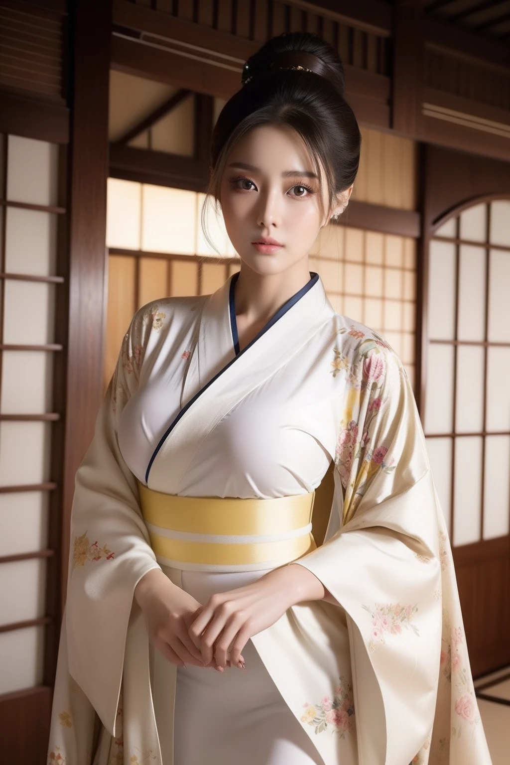 araffe dressed in a kimono and holding an umbrella, in kimono, in a kimono, japanese goddess, wearing kimono, kimono, glamorous and sexy geisha, wearing a kimono, wearing kimono armor, japanese kimono, anime girl cosplay, classic kimono, organic seductive geisha, cosplay photo, onmyoji, wearing white silk robe, pale and coloured kimono, cosplay, gorgeous young korean woman, beautiful south korean woman, korean girl, beautiful young korean woman, korean woman, heonhwa choe, korean women's fashion model, sexy look, big breast, sexy pose, show breast, light yellow hair