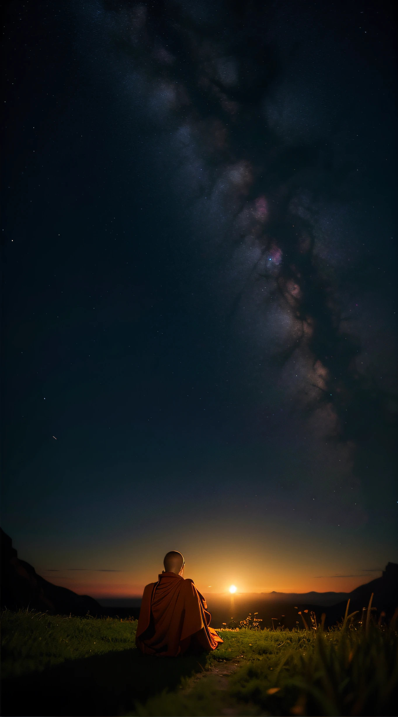 from the back,night , a male monk sitting on the edge cliff, fireflies as bright as the midnight sun, brilliant landscape, 3 point composition perspective, galactic flow lighting, unreal engine 5, description Scene details along the horizon, 16k resolution, tilt angle,masterpiece, anime style, vivid colors