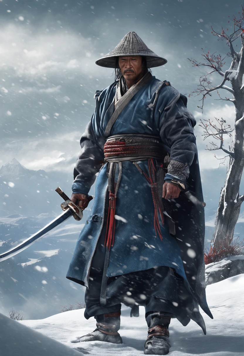 a samurai in the snow with swords in his hands, holding in the snow, in the style of realistic fantasy artwork, dark gray and dark blue, martin grelle, revolutionary composition techniques, magewave, xbox 360 graphics, traditional costumes --ar 128:127 --s 750 --v 5.2