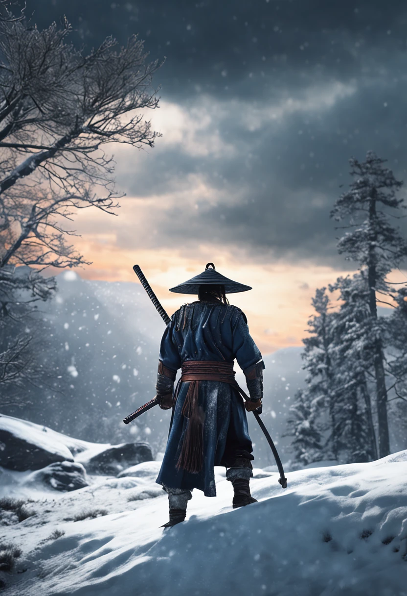 A close up of a person with a sword in a snowy field - SeaArt AI