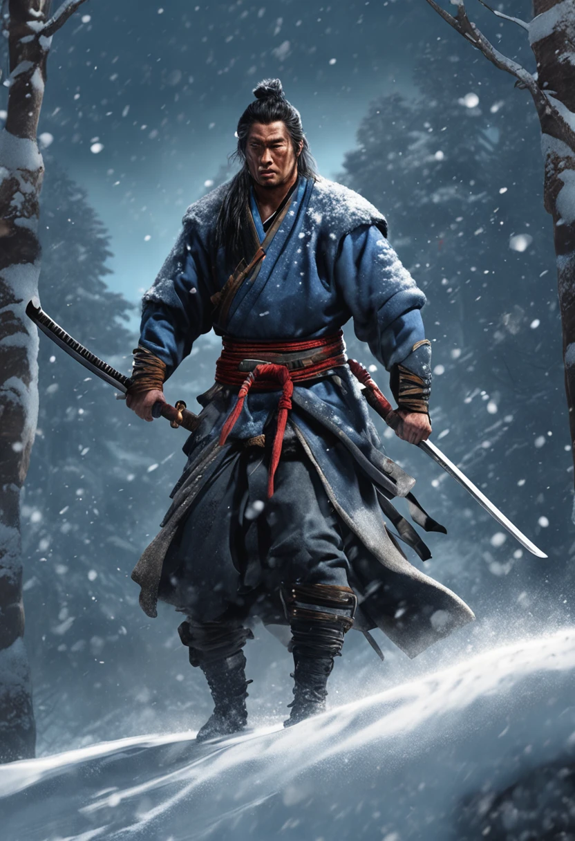 a samurai in the snow with swords in his hands, holding in the snow, in the style of realistic fantasy artwork, dark gray and dark blue, martin grelle, revolutionary composition techniques, magewave, xbox 360 graphics, traditional costumes --ar 128:127 --s 750 --v 5.2