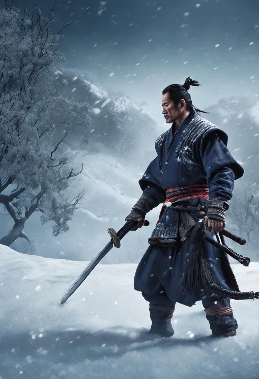 a samurai in the snow with swords in his hands, holding in the snow, in the style of realistic fantasy artwork, dark gray and dark blue, martin grelle, revolutionary composition techniques, magewave, xbox 360 graphics, traditional costumes --ar 128:127 --s 750 --v 5.2