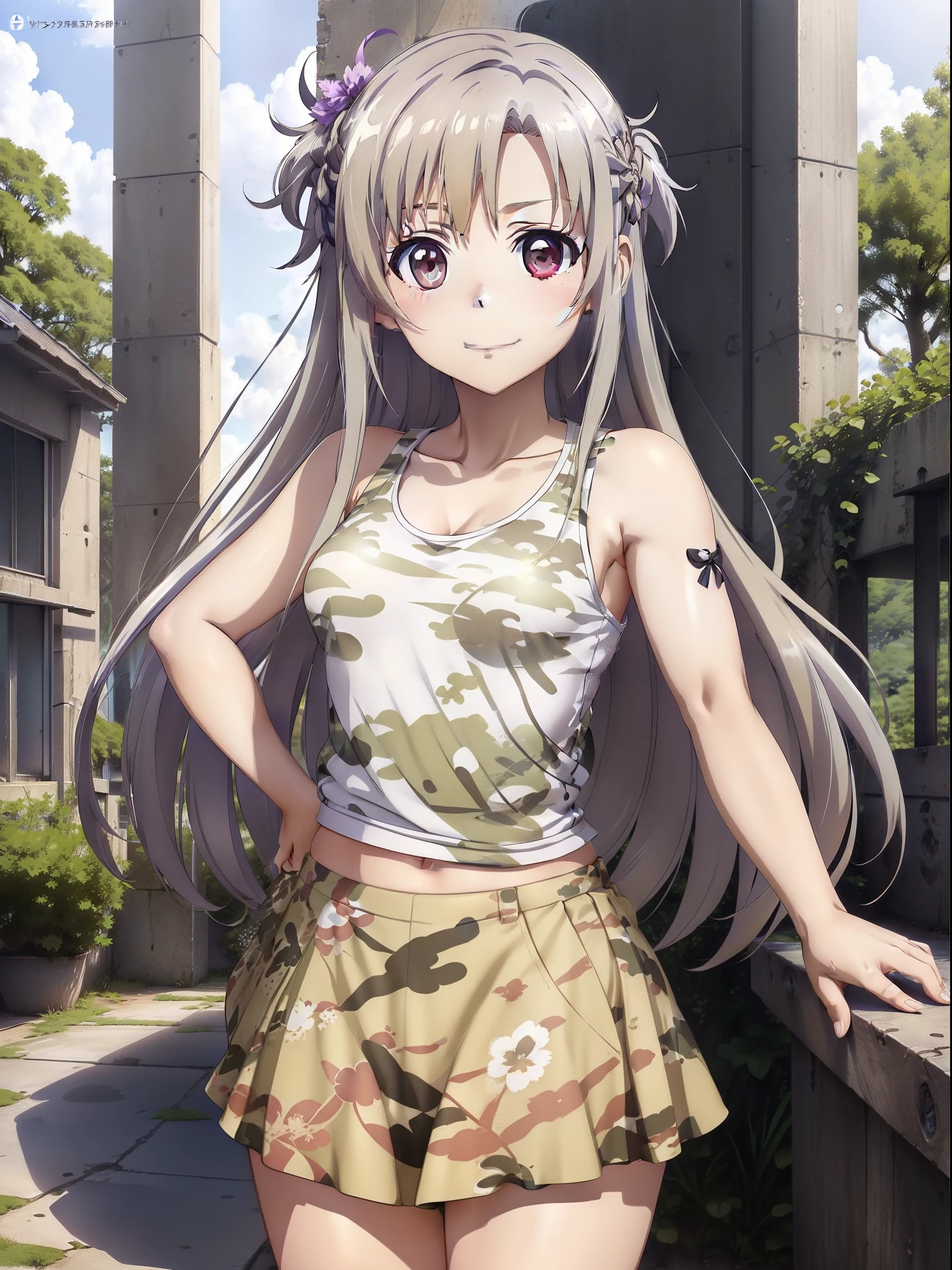 masterpiece,top-quality,Top image quality, (chibi anime girl:1.4),1人,((Camouflage pattern short tank top)),(Camouflage pattern super mini skirt),white panty,Sexy Hip Line,stright long hair,(Silver White Hair Purple Eyes,a smile,simple background,A view of a beautiful girl from a distance,Sunshine,Natural glare,