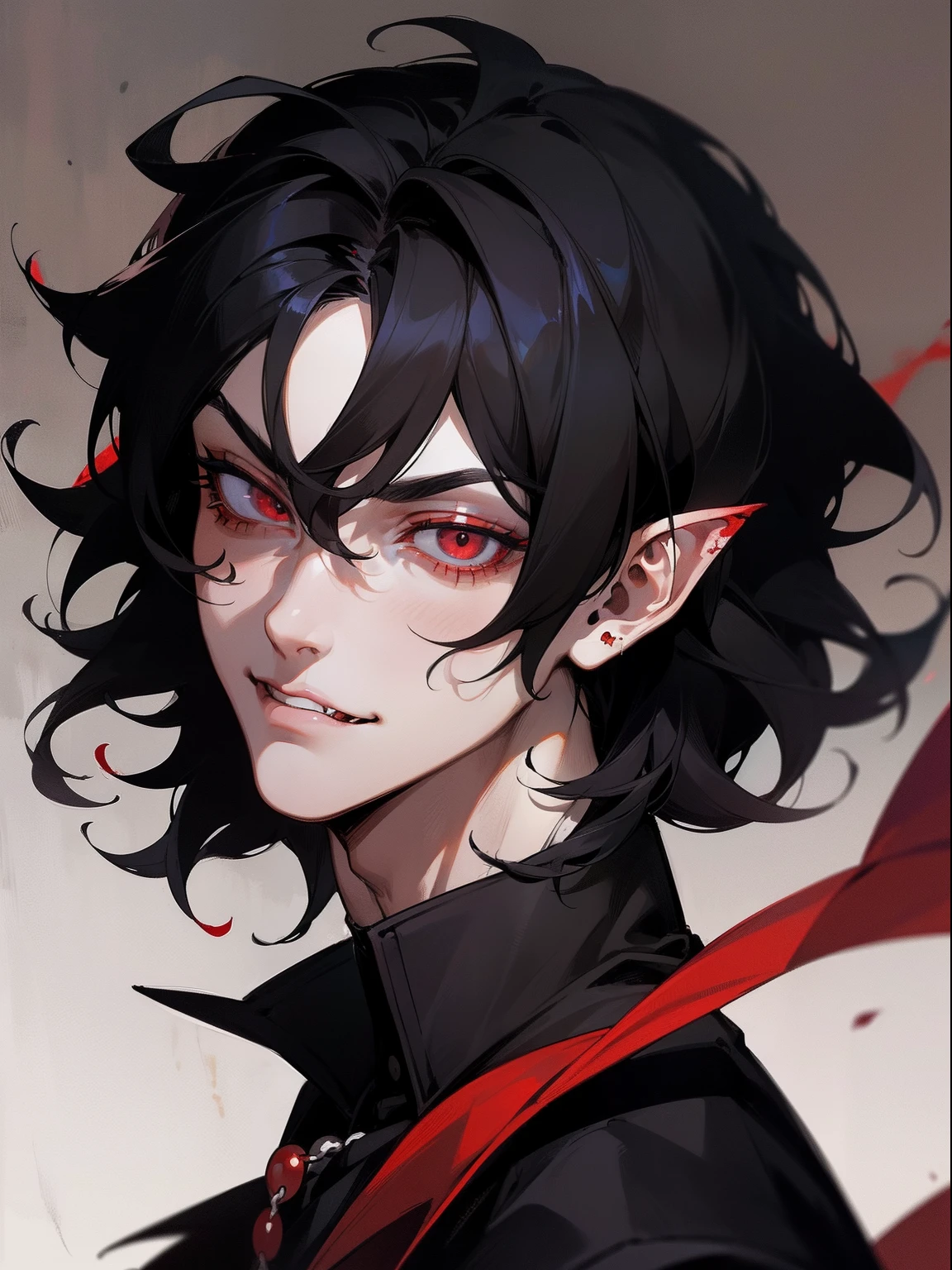 male character, black hair hair, red eyes, mullet, wavy hair, short hair, vampire, fangs, blood, religious imagery, rosary, stylized character design, high quality character design, detailed character design, stylized character design, great character design, male, highly detailed outfit, sexy, hot, seme, sakuma rei, antique, garter belts, frontage, lateral face, lovely boy, perfect face, detailed eyes, elegant, bokeh, muscular, handsome man, dark, portrait, bloody, gothic, vampirism, pointed ears, pierced ears, blood on mouth