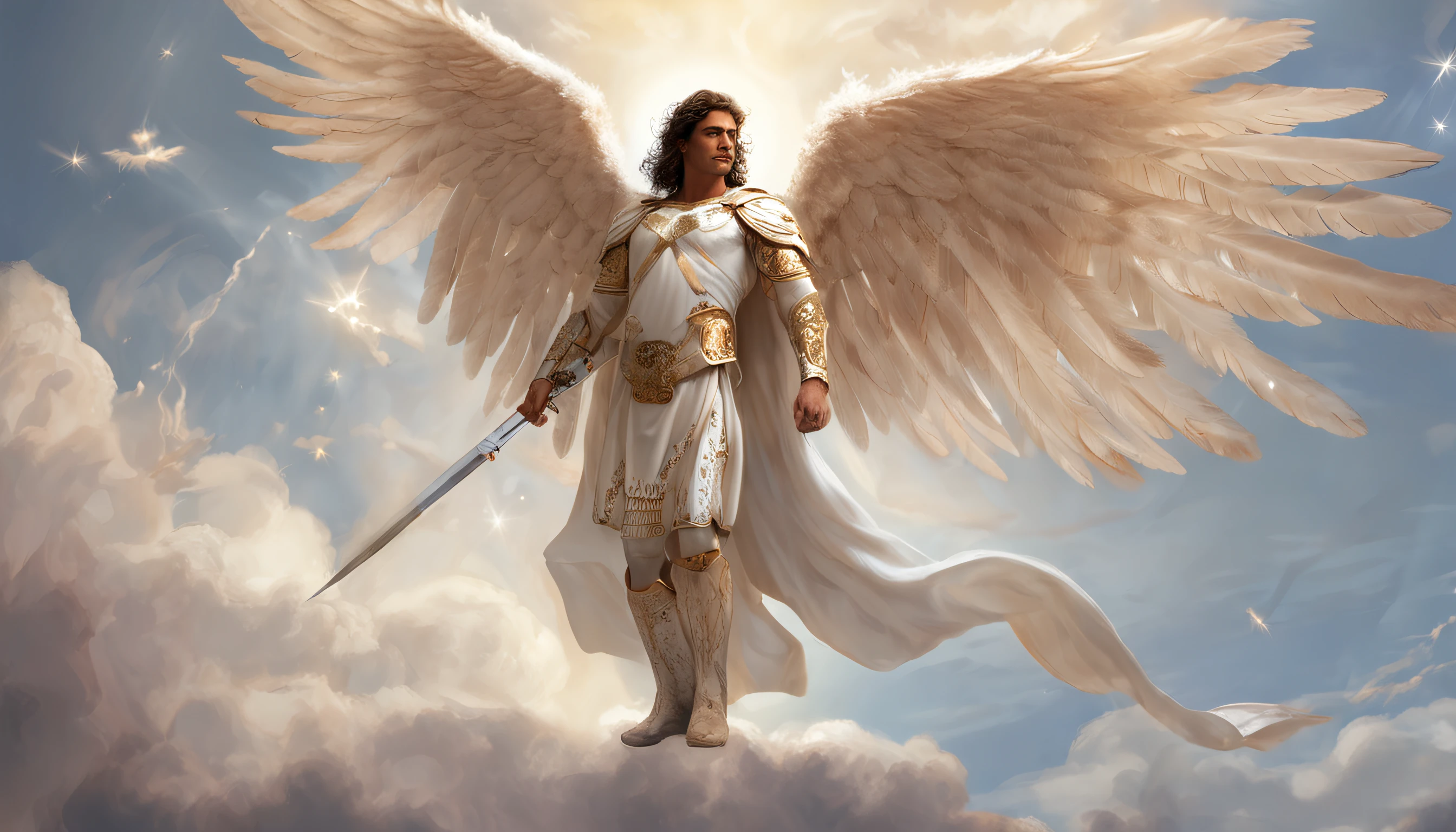 There is a painting of an angel with wings in the sky, Anjo majestoso de corpo inteiro, vestido com roupas brancas e vermelhas, biblical accurate angel, Arcanjo Miguel, anjo protegendo em guarda, angel spirit guide, angelic, Arcanjo Miguel, humano alado, epic angel wings, anjo lindo, anjo, being brilliant angelic, angelic, Tema de anjo, Alto Anjo tiro distante, Biblical setting, anjo guerreiro, with a spear in his hand, vestes vermelhas estilo soldado romano, anjo aparentando idade de 40 anos e majestoso, um personagem masculino, o arcanjo Miguel, imagem celestial, detalhes intricados, realista, asas ROSAS e grandes, fundo angelical, Catholic illustrative image of the archangel Michael, Male character of the Bible, Michael is wearing his angelic armor, cosmic background, Illumination in the Archangel and in the background, imagem do corpo todo do anjo, Maximum detail and his angelic face and wings, pele perfeita realista, Maximum image quality, Miguel ele esta destacado na imagem com cores fortes e chamativas.