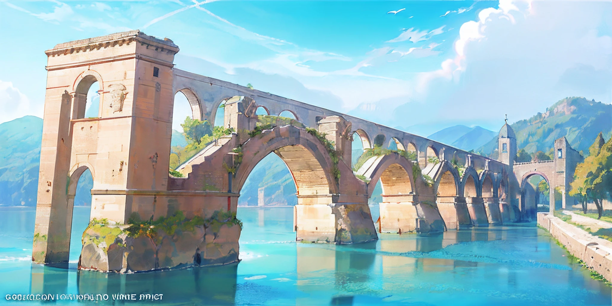 Painting of a bridge over a river with a clock tower - SeaArt AI