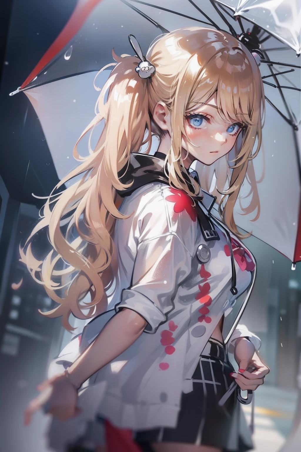 under the rain、Hold a slightly larger umbrella、Align the center of the umbrella、Woman Walking、blonde with pigtails, shortpants、tshirts、Looking at the camera、back lighting、Studio Lighting