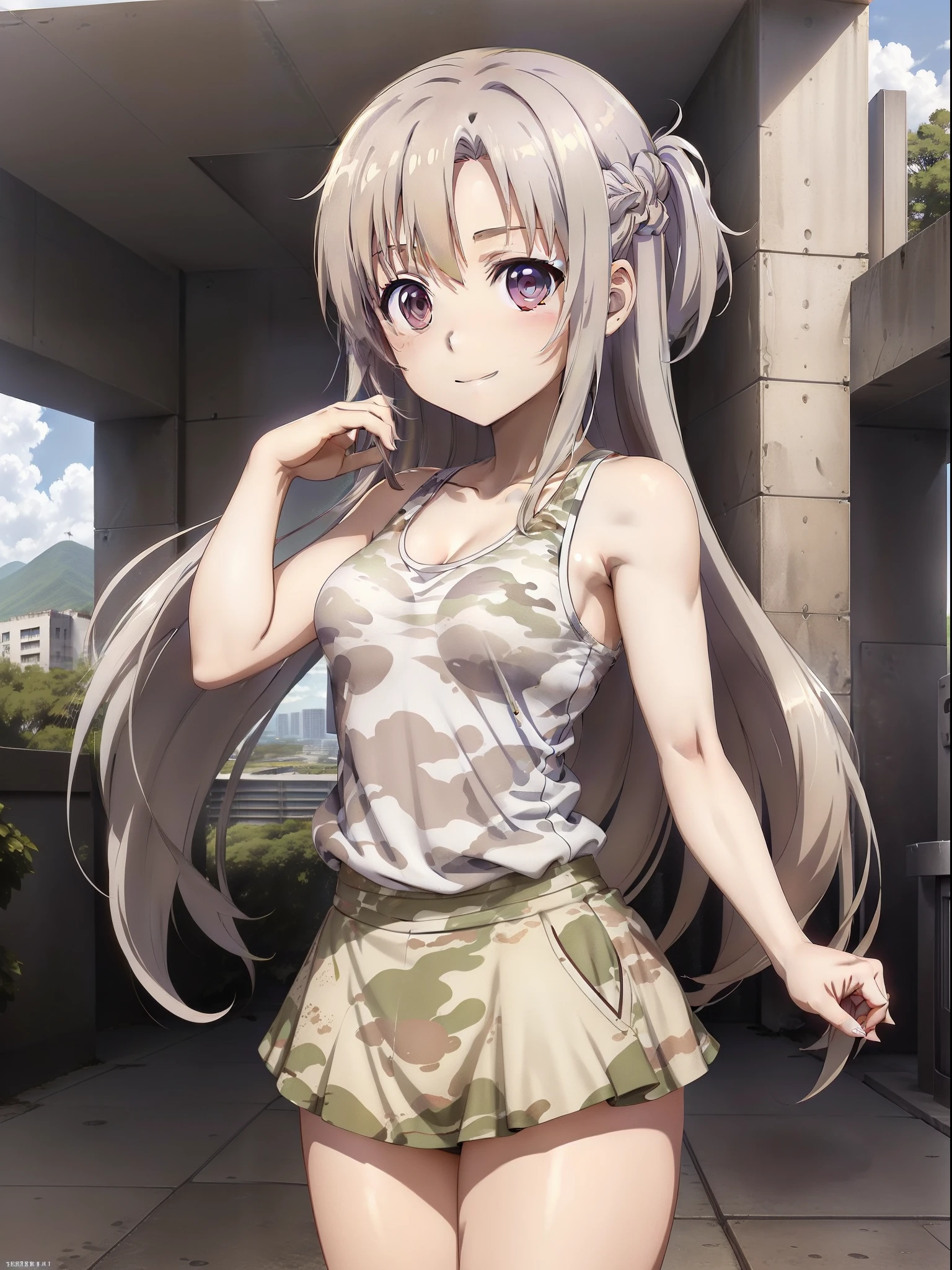 ​masterpiece,top-quality,Top image quality, (chibi anime girl:1.4),1人,((Camouflage pattern short tank top)),(Camouflage pattern super mini skirt),white panty,Sexy Hip Line,stright long hair,(Silver White Hair Purple Eyes,a smile,simple background,A view of a beautiful girl from a distance,Sunshine,Natural glare,