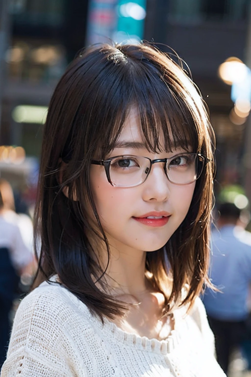 (8K、Raw photography、top-quality、masterpiece:1.2)、(realisitic、Photorealsitic:1.37)、ultra-detailliert、超A high resolution、1人、see the beholder、beautifull detailed face、A smile、Constriction、(Slim waist) :1.3)、shirt、Beautiful detailed skin、Skin Texture、Floating hair、Professional Lighting、In the rainy city、slightly wet、Square glasses with black rimming、Whole human body、Brown hair