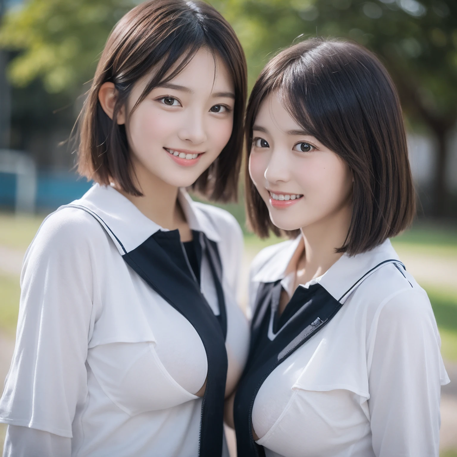 ((layered haircuts、Colossal tits:1.2)),（8K，highest  quality），Watching from a distance，Distant shots，School playground，Detailed faces，Wear a school uniform，pupils，In jogging，Wear sportswear， Full body photography:1.8， Android， adolable， ssmile， Thin face， short detailed hair，