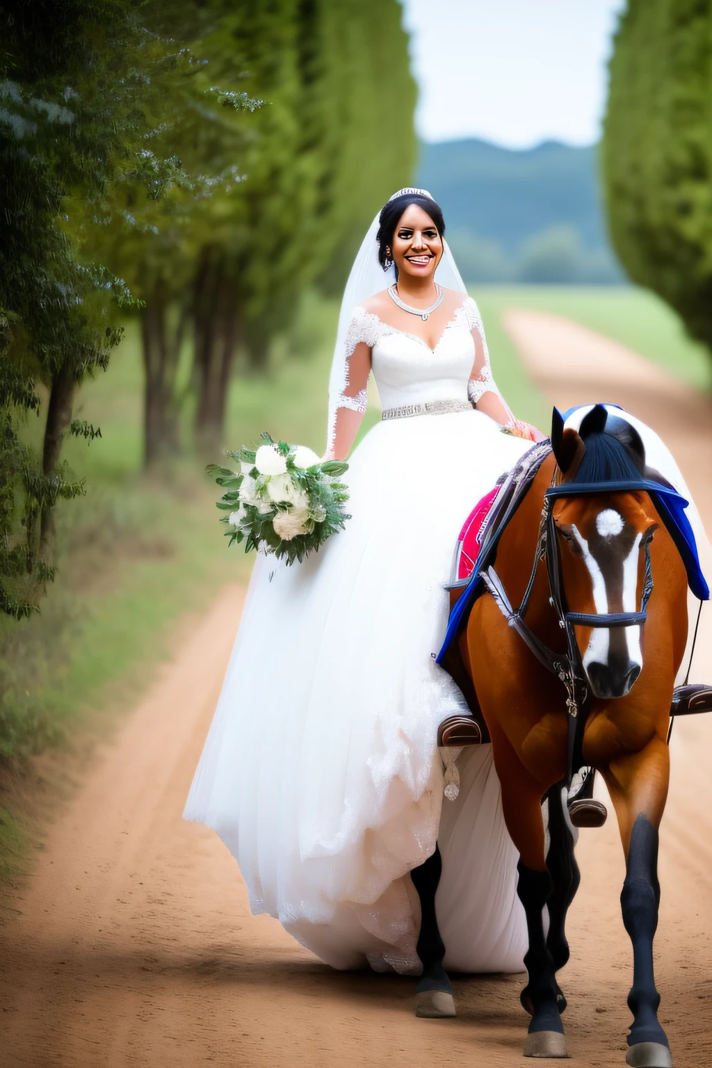 A beautiful bride ridding a  horse