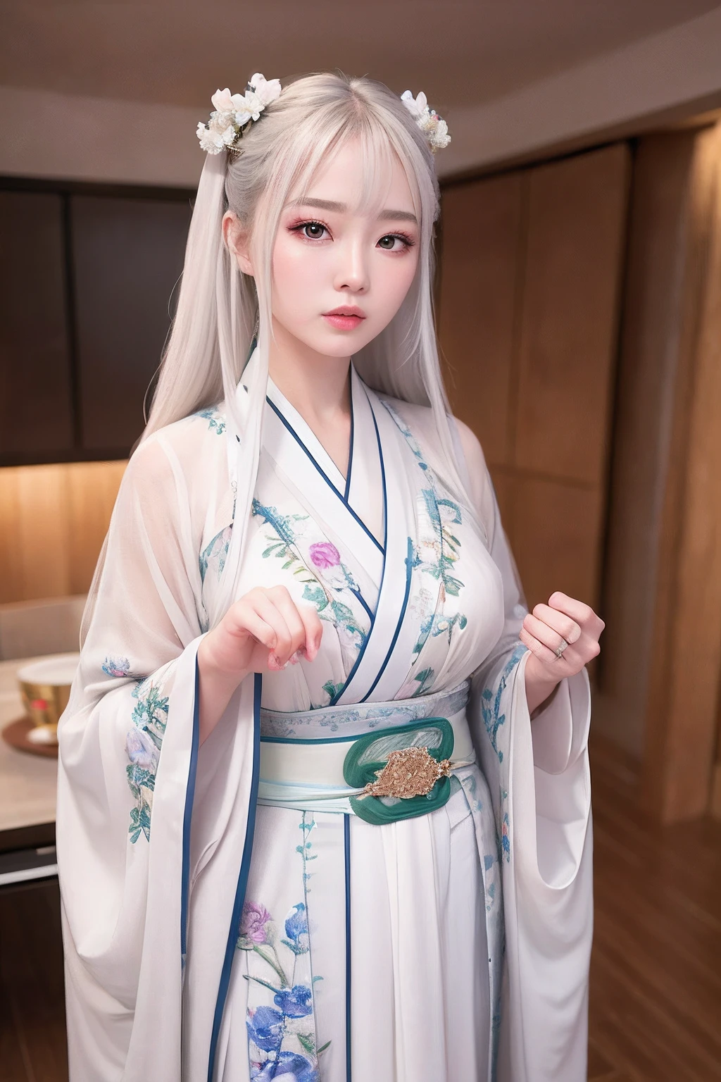 ulzang-6500-v1.1,(RAW photo:1.2),((Photorealistic:1.4))Best quality ,Masterpiece, illustration, An extremely delicate and beautiful, Extremely detailed ,CG ,Unity ,8K wallpaper, Amazing, finedetail, Masterpiece,Best quality,offcial art,Extremely detailed Cg Unity 8K wallpaper,absurderes, unbelievable Ridiculous, hugefilesize, Ultra-detailed, A high resolution, Extremely detailed,Beautiful detailed girl, Extremely detailed eyes and face, Beautiful detailed eyes,light in face,Cinematic lighting,((Hanfu)),1girll,full bodyesbian,full body shot of,See-through,view the viewer,((White hair)),((blissful))