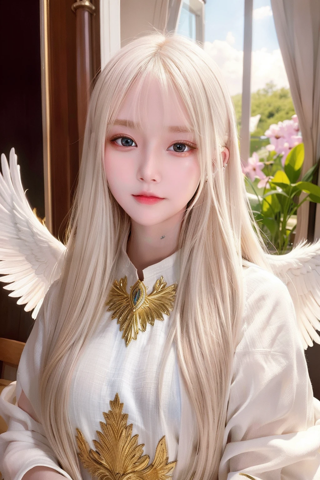 Masterpiece, Best quality, Ultra-detailed, illustration, Close-up, straight on, Face focus, 1girll, White hair, Golden eyes, Long hair, Halo, Angel wings, Serene expression, view the viewer