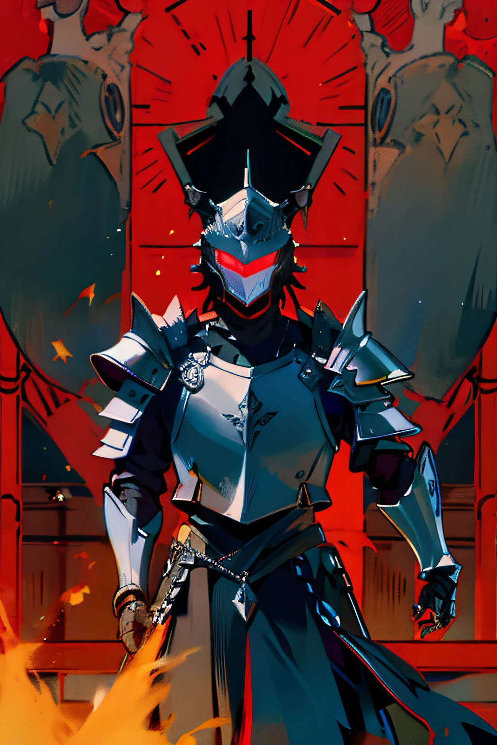 Black armor，Stout middle-aged man，He wears a black helmet，The eyes glow red