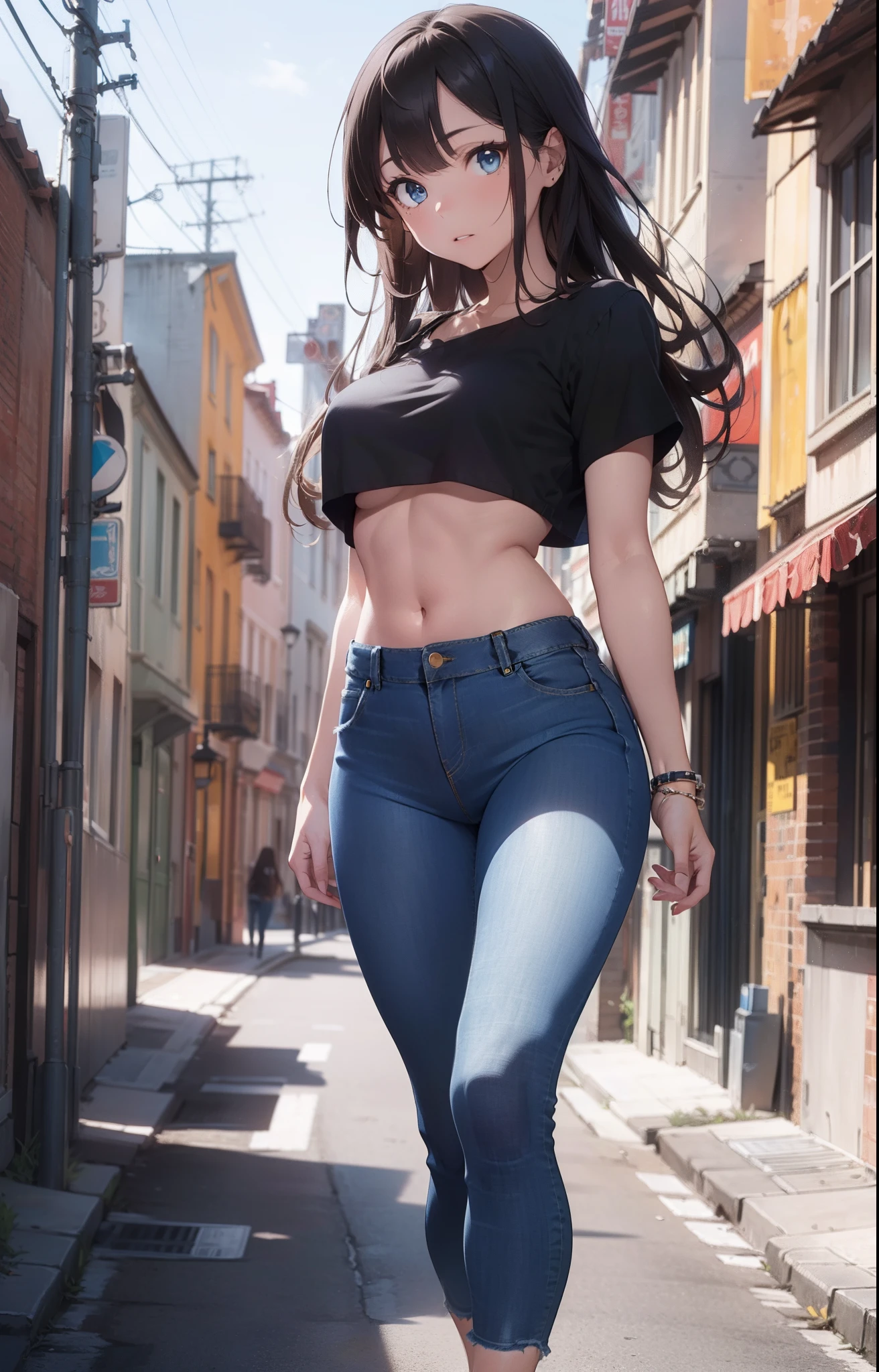 masterpiece, extremery magnificent view, perspective, extremery best quality, extremery detailed CG, 8k wallpaper, high resolution, highly detailed face, highly detailed eyes, perfect anatomy, super detailed skin,
(dynamic angle, dynamic pose:1.2), outdoors, city street, (portrait, legs focus, full body shot), (beautiful face, beautiful eyes, beautiful legs:1.3),
1 girl, solo, (black cropped top, blue jeans pants:1.3), sexy cropped top, (skinny jeans:1.3), medium breasts, brown hair, long hair, straight hair, open forehead, (black heels), blue eyes, (navel:0.8), skinny, slender, wide hips, thin waist