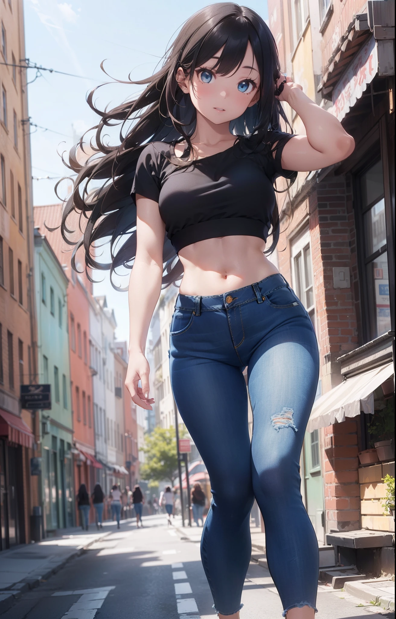 masterpiece, extremery magnificent view, perspective, extremery best quality, extremery detailed CG, 8k wallpaper, high resolution, highly detailed face, highly detailed eyes, perfect ???????, super detailed skin,
(dynamic angle, dynamic pose:1.2), outdoors, city street, (portrait, legs focus, full body shot), (beautiful face, beautiful eyes, beautiful legs:1.3), 
1 girl, solo, (black cropped top, blue jeans pants:1.3), sexy cropped top, (skinny jeans:1.3), medium breasts, brown hair, long hair, straight hair, open forehead, (black heels), blue eyes, (navel:0.8), skinny, slender, wide hips, thin waist