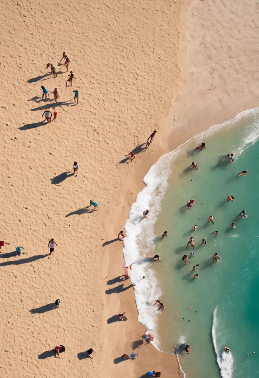 people playing soccer at beach, children making a sand castle, from above
