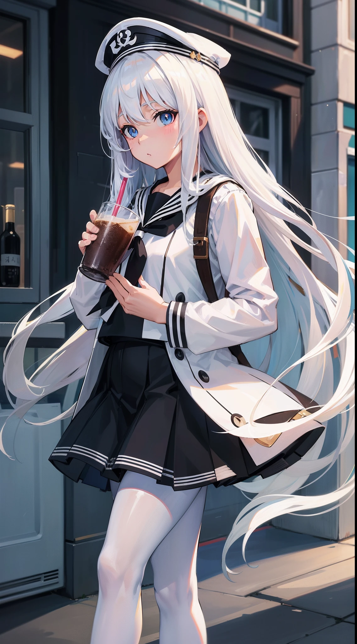 Long white hair, Blue eyes, Black pleated skirt,Inside was a white sailor suit,Wearing black pantyhose, Plump body, An anime character, Only one person,Drinking brown drinks on the street