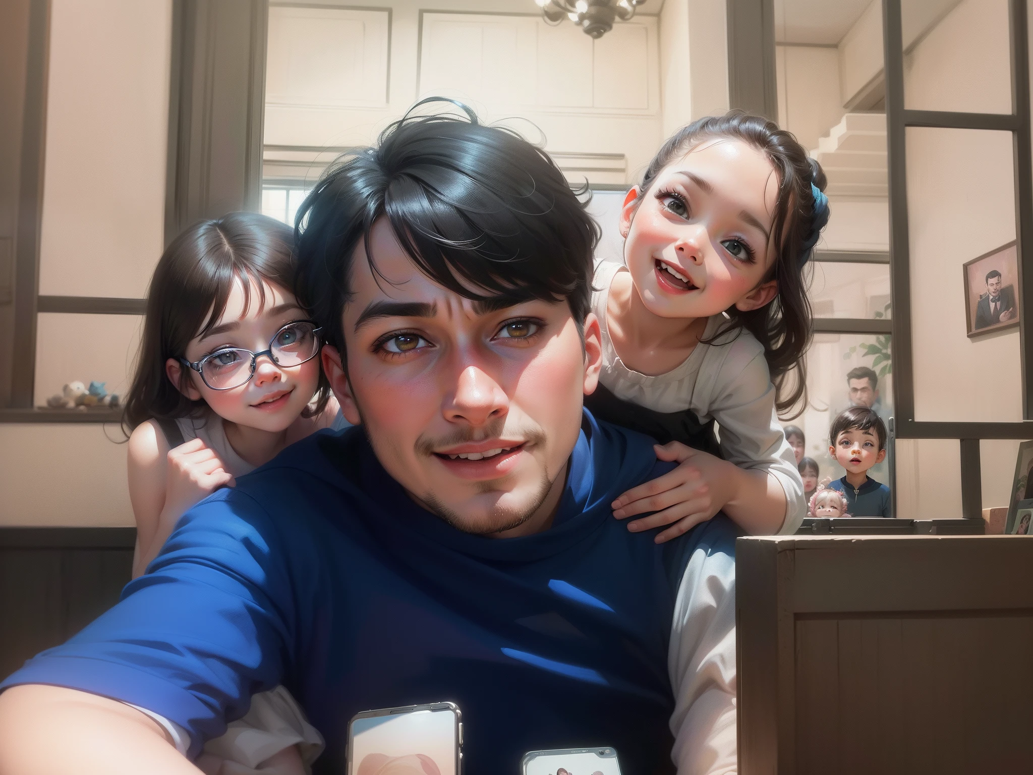 (cute digital painting, cartoon digital painting, digital cartoon painting art), (gorgeous digital painting, high quality portrait, perfect android girl family), (kawaii realistic portrait, family portrait, happy family, happy birthday), (portrait of a family of three, stylized digital illustration).