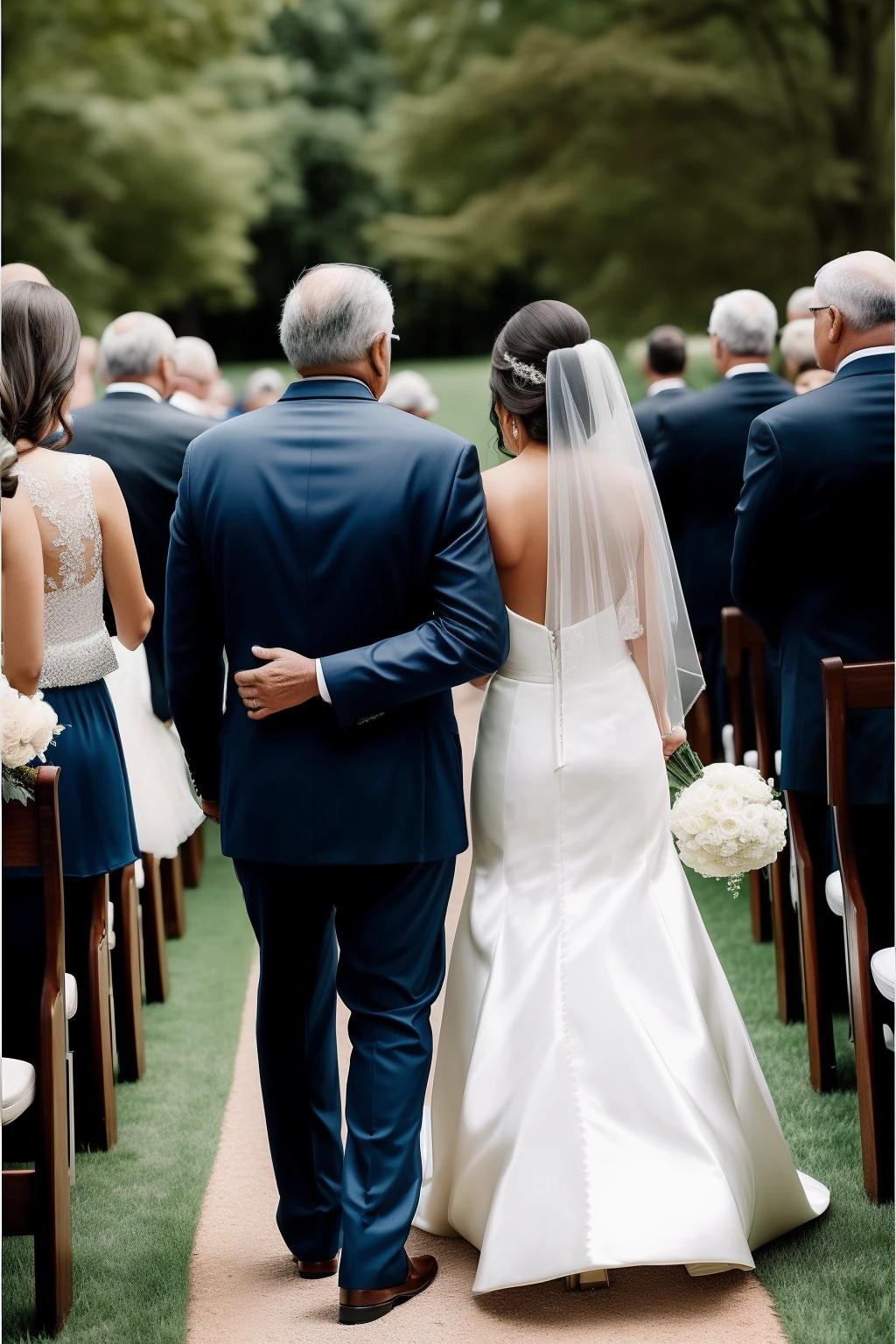 Back view of father and daughter walking down the aisle --auto