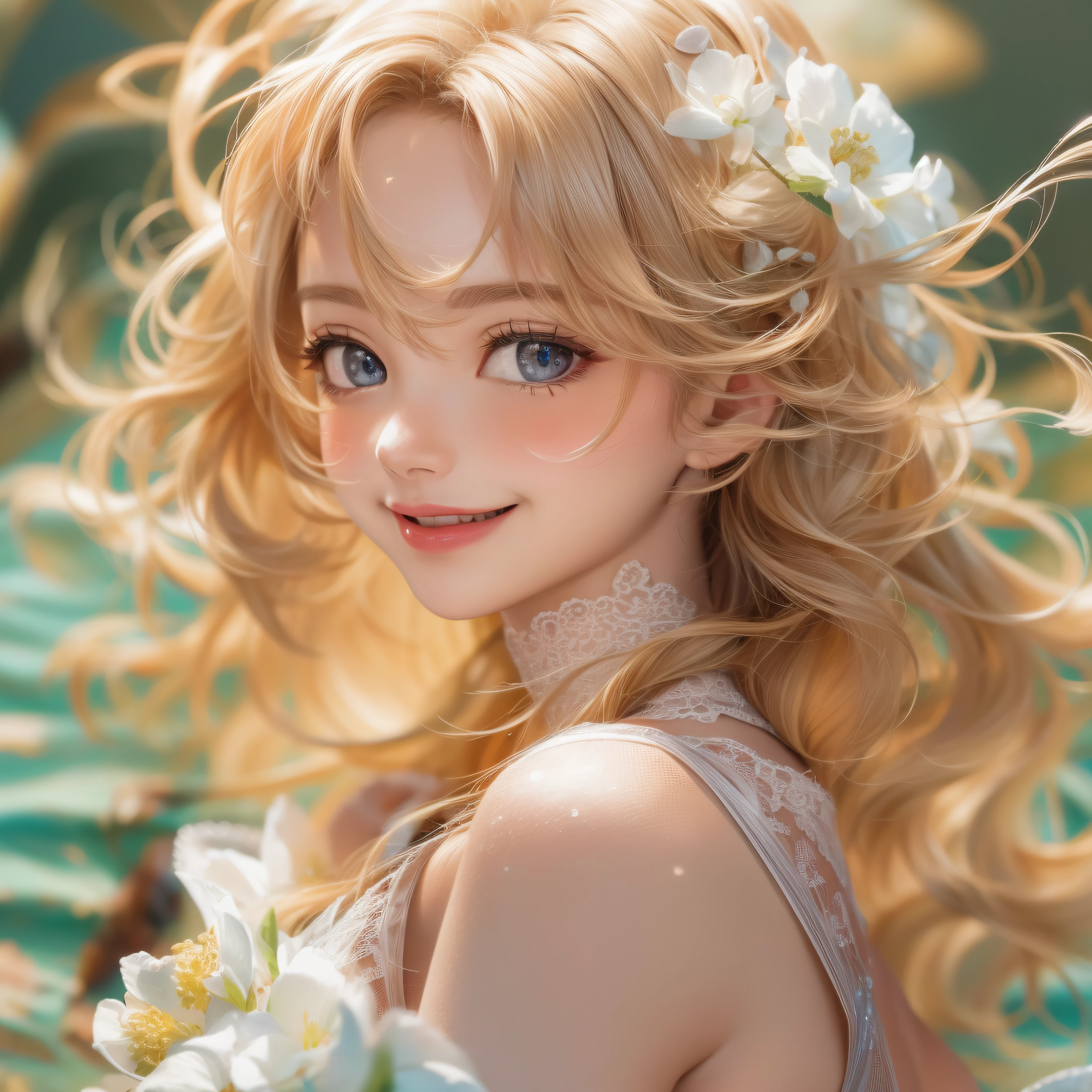 Close up of rosy smile with open mouth、(realisitic、hight resolution)、(1 girl in)、Do-Up Eye、Korean Girl、(Best Quality), (masutepiece), (1girl in), Solo, a beauty girl, Perfect face, Big Breast,dreamlikeart、Highly detailed airbrush art((Surreal))、Volumetric lighting、(top-quality)、The ultra-detailliert、(The composition of the movement:1.4)、Highly detailed colorful details、(Bright lighting)、dynamic compositions、Ray traching、The mirror reflects light、Shallow depth of field、ultra-detailliert、mixing  exposure、nffsw、Her eyes are rosy、Staring at the rose-colored sea。Her rosy face is、Full of adventure anticipation and courage.、A smile appears on her rosy lips。 At the rear、The sun is slowly tilting to the west。Its light brings rosy light to the surface of the sea、The swaying waves create a beautiful scene。Her eyes are clearly rosy。numerous roses