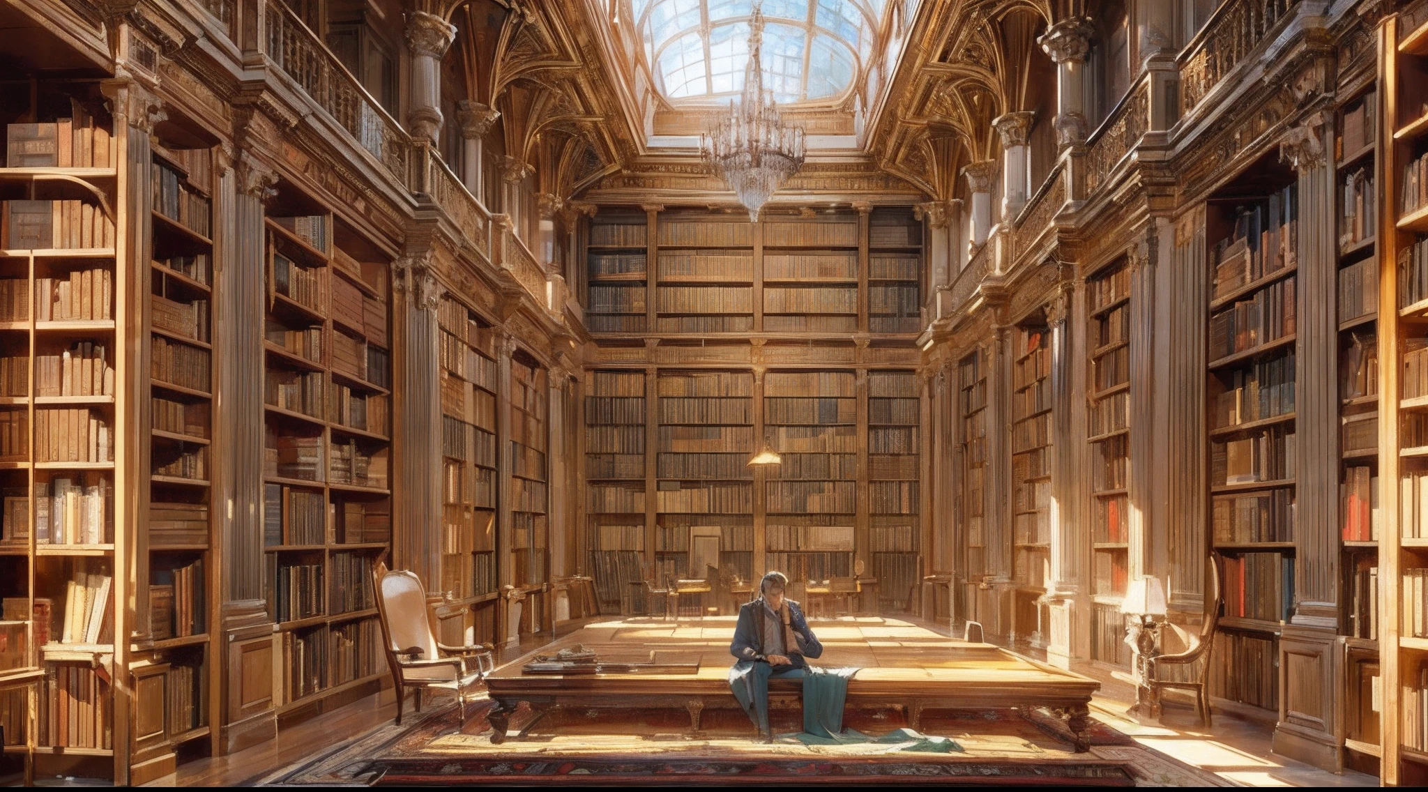 (by Greg Rutkowski: 1.2), ((no human)), fantasy, (massive bookshelf in a grand library), dynamic lighting, symmetrical angles shot, architectural, silent, vibrant atmosphere, sharp focus, (photorealism: 1.4), (intricate: 1.4) (masterpiece: 1.4) (illustration: 1.4), post-processing, 8k resolution.