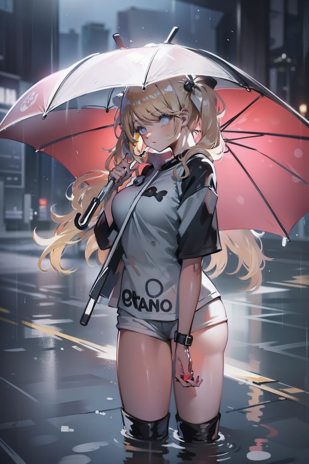 under the rain、Hold a slightly larger umbrella、Align the center of the umbrella、Woman Walking、blonde with pigtails, shortpants、tshirts、Looking at the camera、back lighting、Studio Lighting