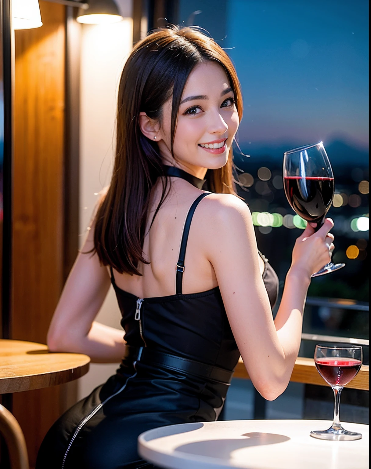 (64K, UHD, top quality, masterpiece: 1.2), (realistic, photorealistic: 1.37), super detailed, pretty woman 1 person, (slim face), (slim body), (brown hair), (short cut), cheeks slightly blushing, (44 years old), 38 years old, solo, beautiful detailed urban night view outside the window, restaurant, wine glasses sit, at night, in a prominent placeNovaFrogStyle, Actress, Model, Waist Up, White Wine, Slim, Wine Glass, Super Clean Night View, Wine Glass Put in the Middle, Happy Smile, (Smile: 1.15), Beautiful Fine Eyes, Upper Body, Bust Japan Up, Night, Short, Short, Actress, Model, Waist Up, White Wine, Slim, Wine Glass, Super Clean Night View, Wine Glass Put in the Middle, Happy Smile,