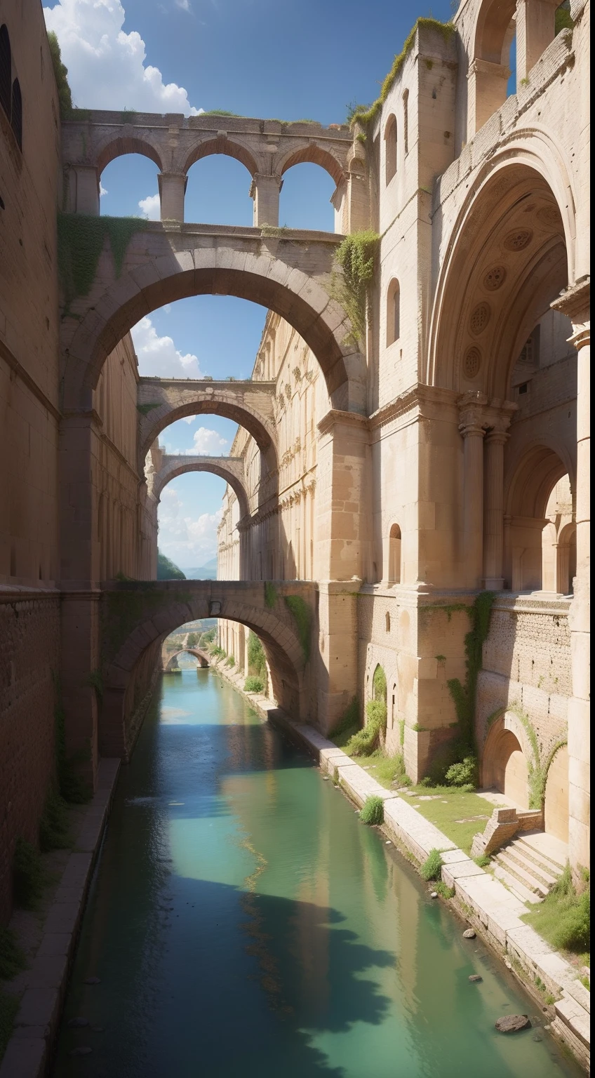 Generate an image depicting the marvels of Roman engineering, showcasing the intricate network of Roman roads stretching across the empire, along with a stunning aqueduct system transporting water through arches and channels