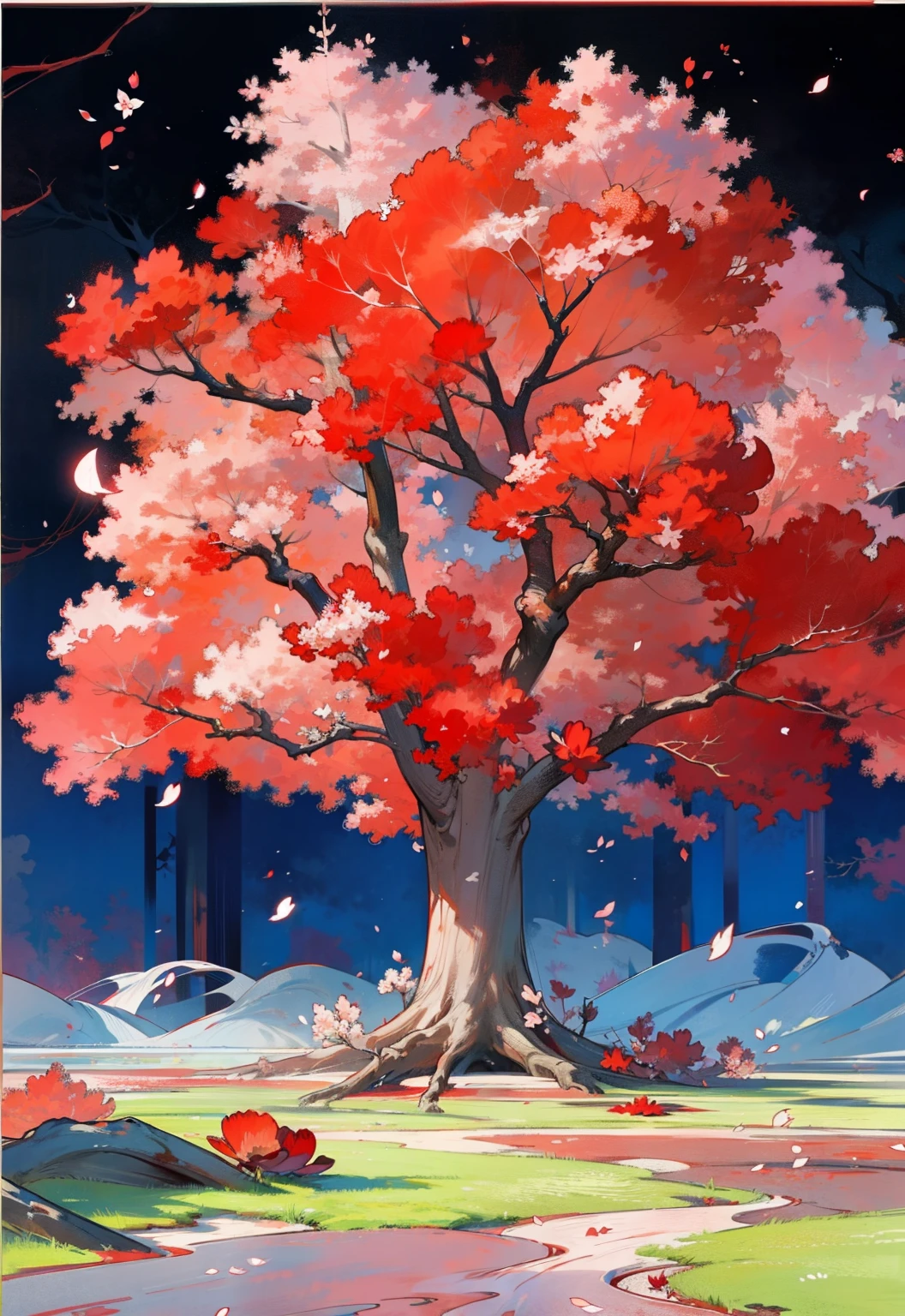 In the middle of the picture, There is a blood-red cherry blossom tree,Under the trees are meadows and dirt,There are large red petals on the ground,Large red petals float,Dark background,No light source,The hue is dark,Highly saturated red,Pure scene,There are no characters,