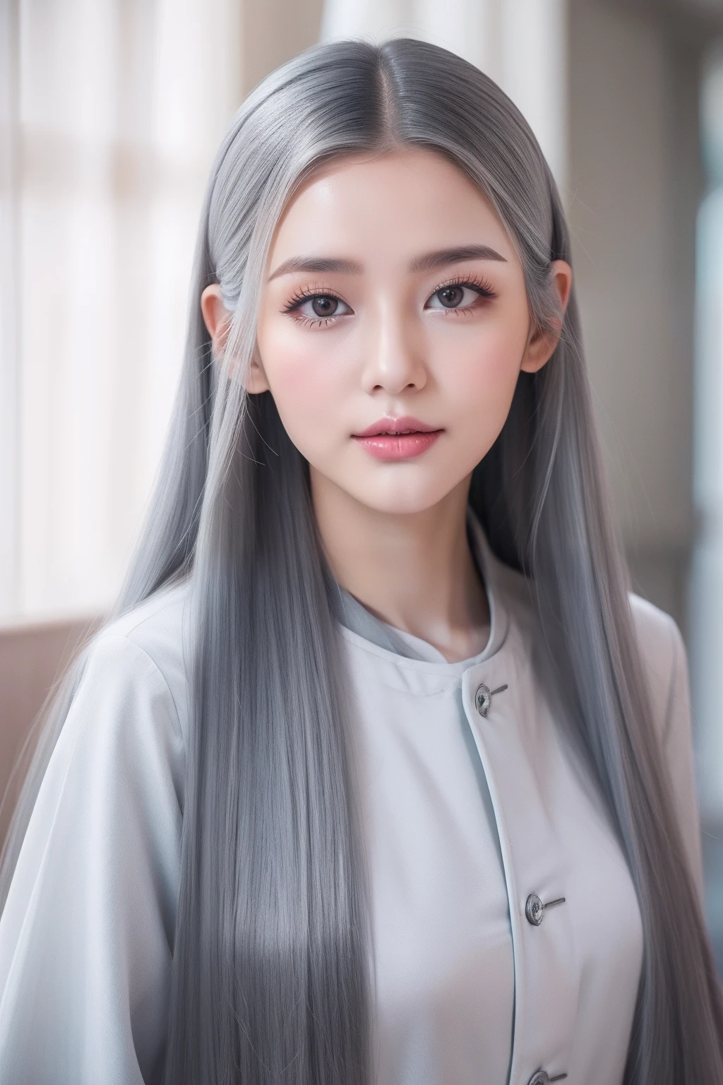 Raw photo、Best Quality、Grey hair long、High quality、young beautiful lady、Korean clothing、Korean hairstyles