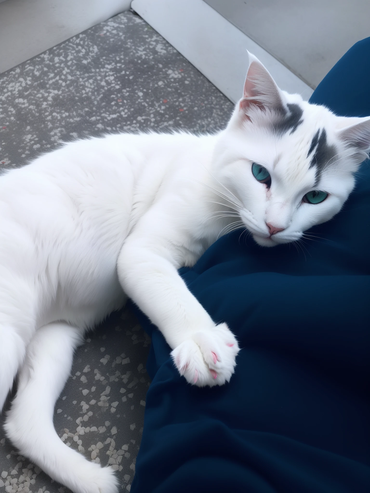 there is a white cat laying on a persons lap, beautiful picture of stray, white cat, sad cat, cute furry needs your help, white with black spots, white ( cat ) girl, photo of a cat, cat female with a whit and chest, no spot right eye, young handsome pale roma, very handsome, awesome cat, one of his eyes is scratched