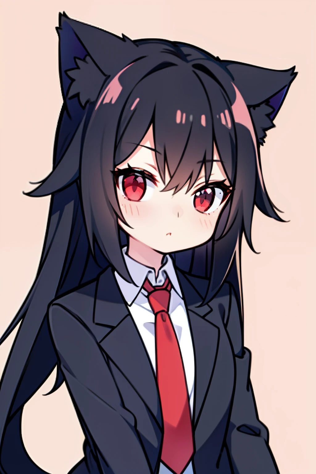 Black hair, Cat ears, Cat girl, Red eyes, Suits，red necktie