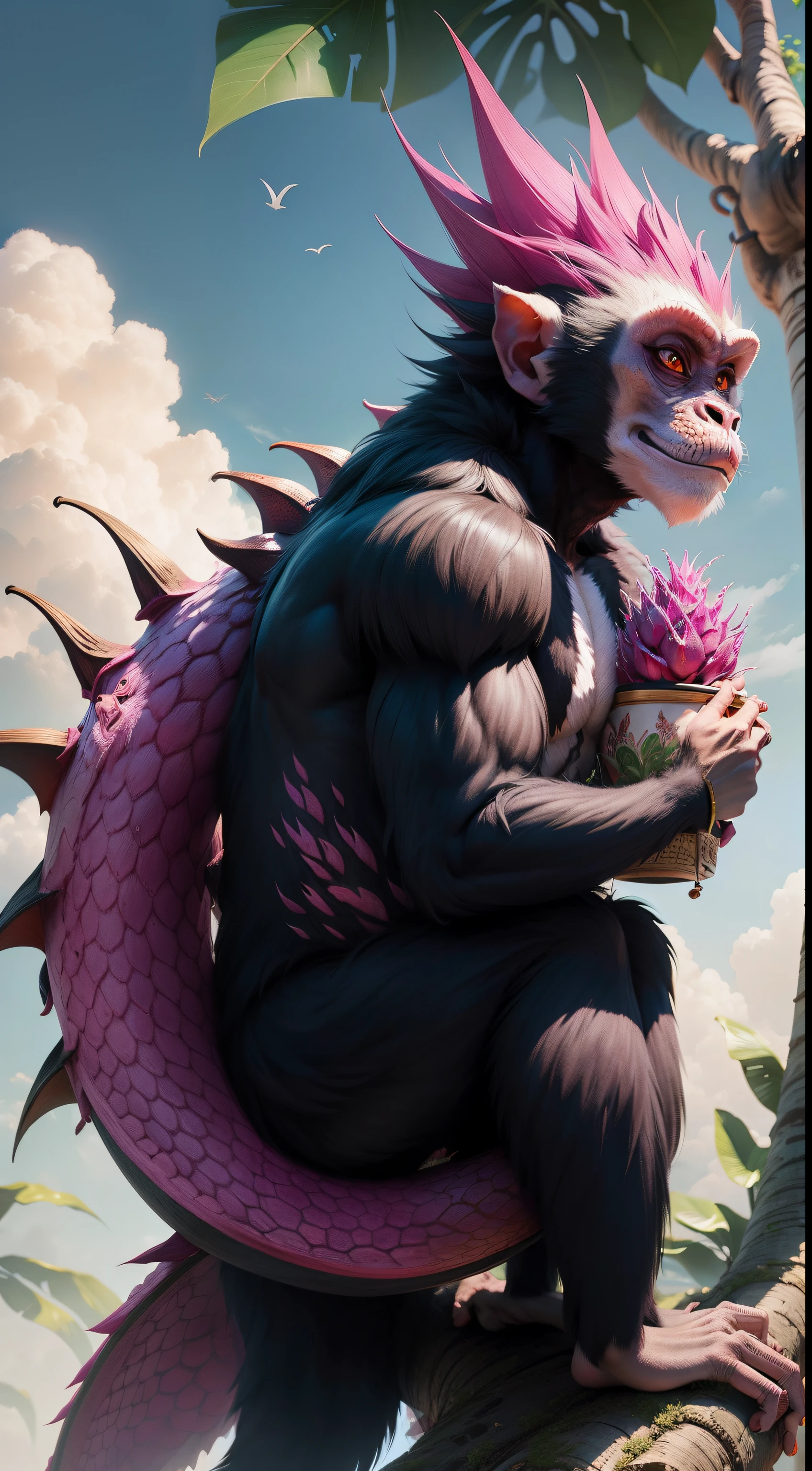 A hybrid creature of monkeys with dragon fruit，on trees