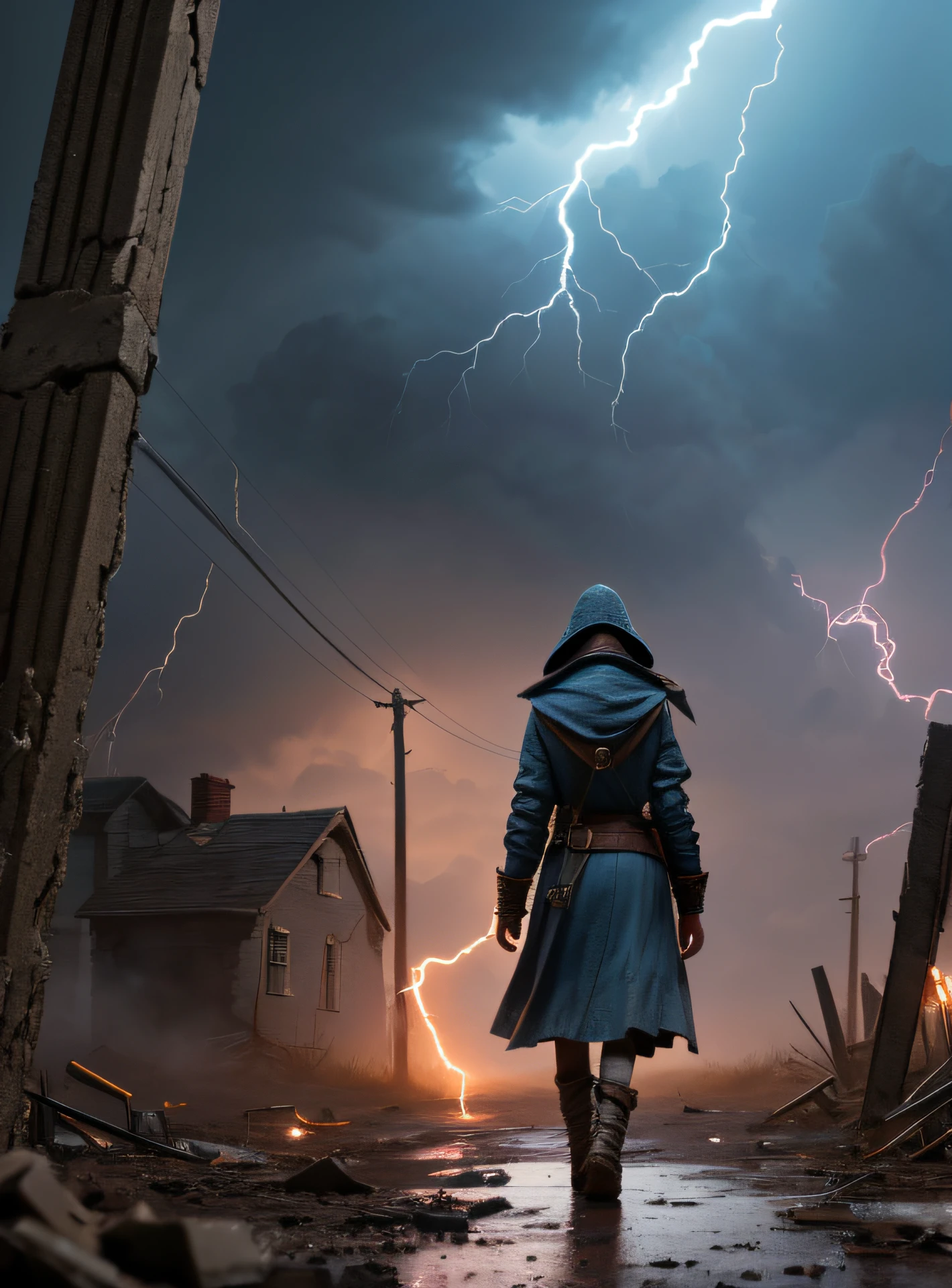 Stalker Woman, has the sin of greed, Very cautious, has a thirst for profit, wants to profit from trophies, She stands aside, carefully examines the surroundings, bloods, mud, Electrical discharges from the ground, lightning bolts, clots of fog, Little blue lightning bolts in the fog, Ruins of a brick house in the background, Zombies in the background, Aside One artifact glitters on the ground (8K, RAW photo, Best Quality, Masterpiece:1.2), Ultra Detailed, official arts, photo-realistic:1.37, Film grain, Octane Render, high-quality render, z.T.and.l.al.Is.R.
