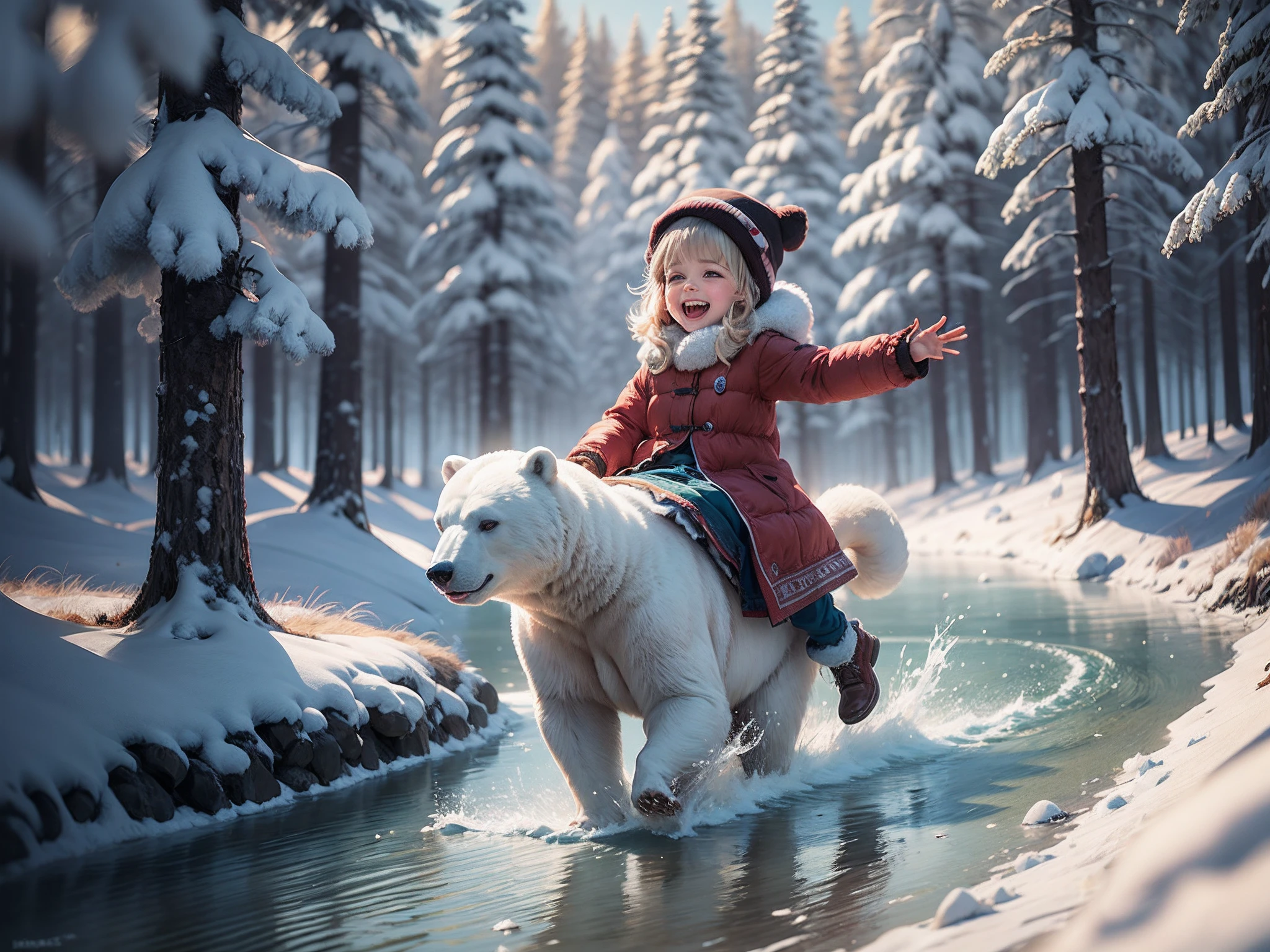 A very dynamic scene. A huge polar bear runs fast. on the back of a bear sits a Eskimo girl 4 years girl is very cheerful, laughs widely and waves her hands in a friendly manner. The girl is dressed in national northern clothes. close-up. Lots of details. Disney Pixar cartoon style. super realistic. cinematic. Motion blur background of coniferous winter forest. light haze. --auto --s2
