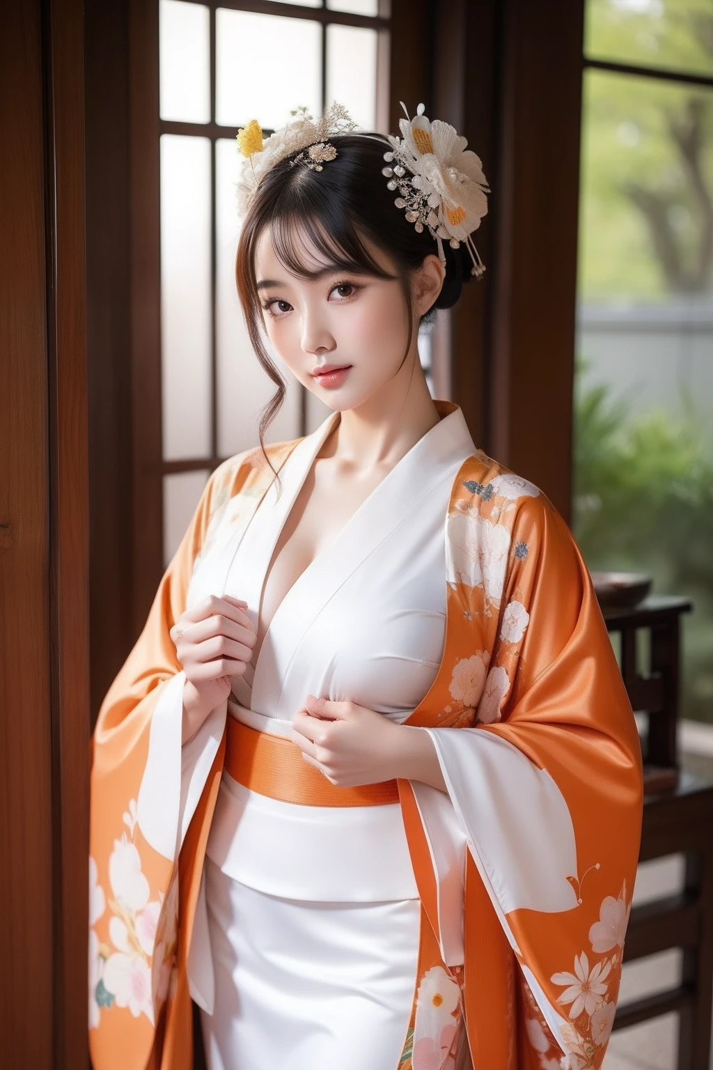 araffe dressed in a kimono and holding an umbrella, in kimono, in a kimono, japanese goddess, wearing kimono, kimono, glamorous and sexy geisha, wearing a kimono, wearing kimono armor, japanese kimono, anime girl cosplay, classic kimono, organic seductive geisha, cosplay photo, onmyoji, wearing white silk robe, pale and coloured kimono, cosplay, gorgeous young korean woman, beautiful south korean woman, korean girl, beautiful young korean woman, korean woman, heonhwa choe, korean women's fashion model, sexy look, big breast, sexy pose, show breast, light orange hair