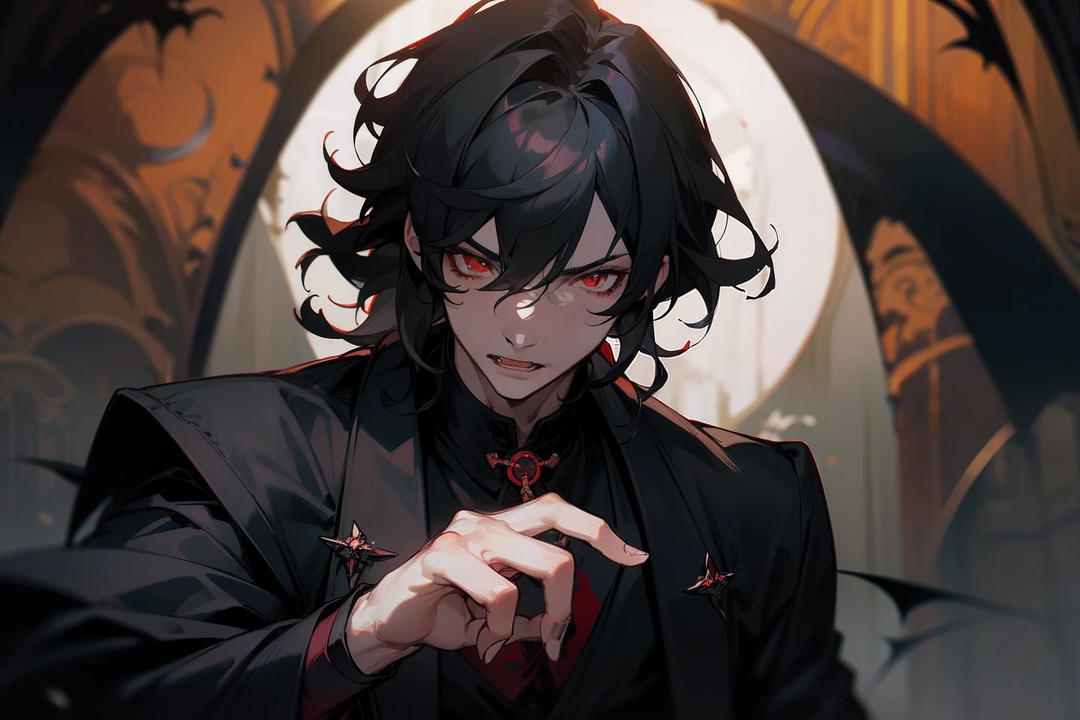 male character, black hair hair, red eyes, mullet, wavy hair, short hair, vampire, fangs, blood, religious imagery, rosary, stylized character design, high quality character design, detailed character design, stylized character design, great character design, male, highly detailed outfit, sexy, hot, seme, sakuma rei, antique, garter belts, frontage, lateral face, lovely boy, perfect face, detailed eyes, elegant, bokeh, muscular, handsome man, dark, faxing camera, bloody, gothic, vampirism, pierced ears, elegant, handsome, historic, dark background, dark room, candid, neutral face, very dark background, indoors, nighttime, relaxed
